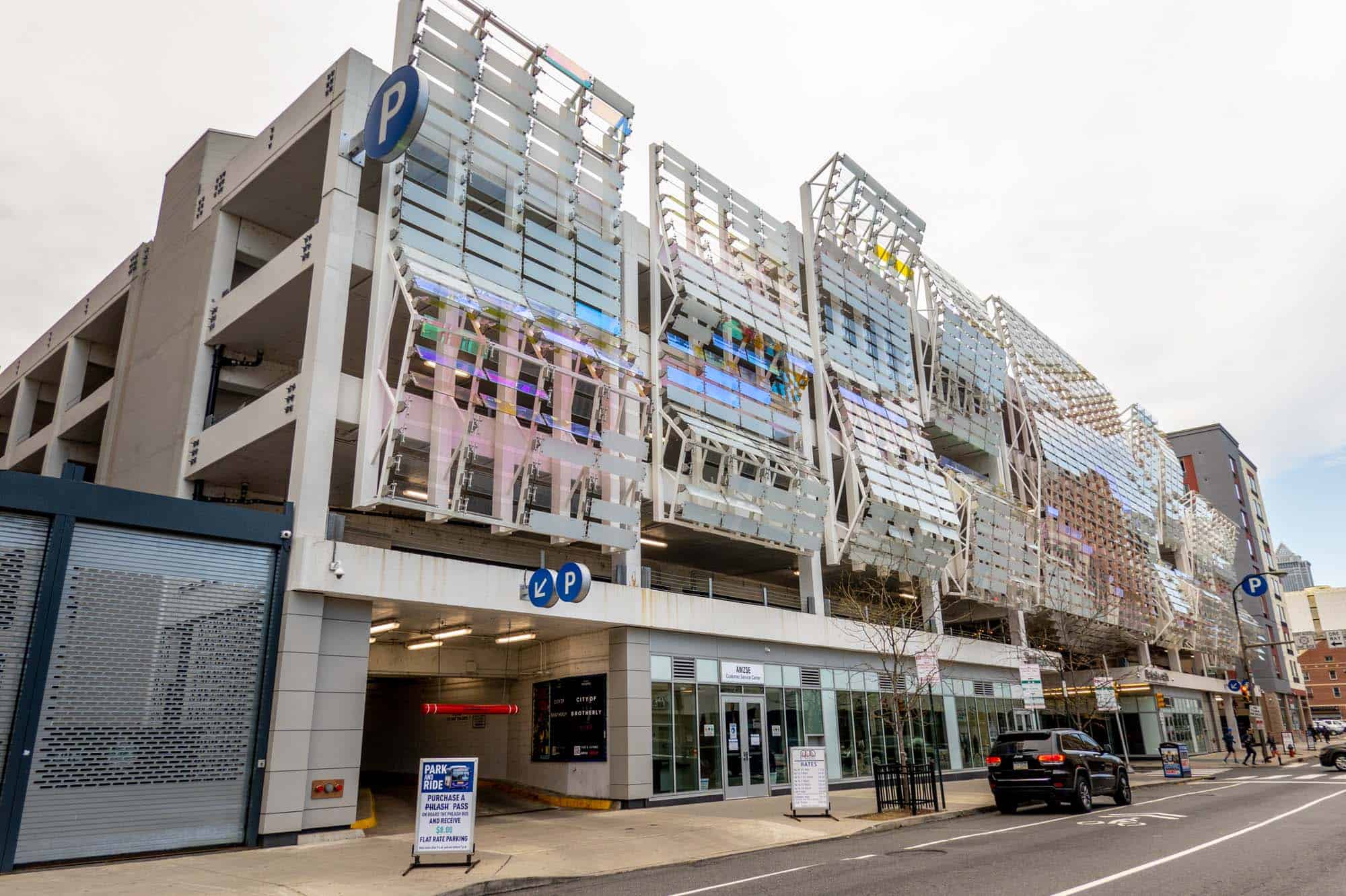 Exterior of futuristic parking garage in Philly