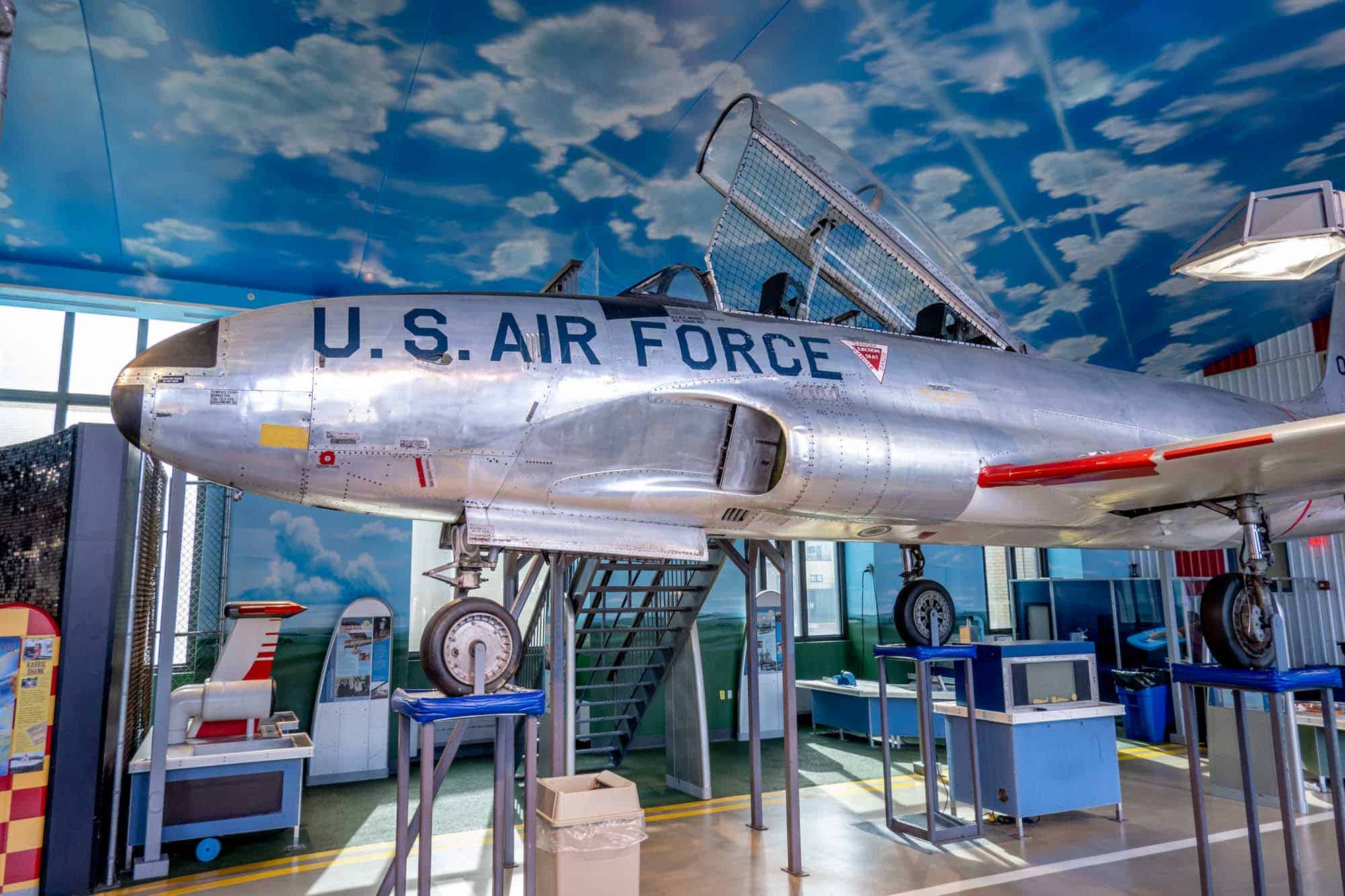 Air Force jet on display in a kids' museum