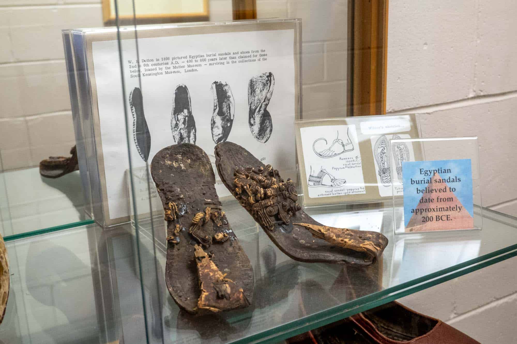 Ancient Egyptian sandals in a display case.