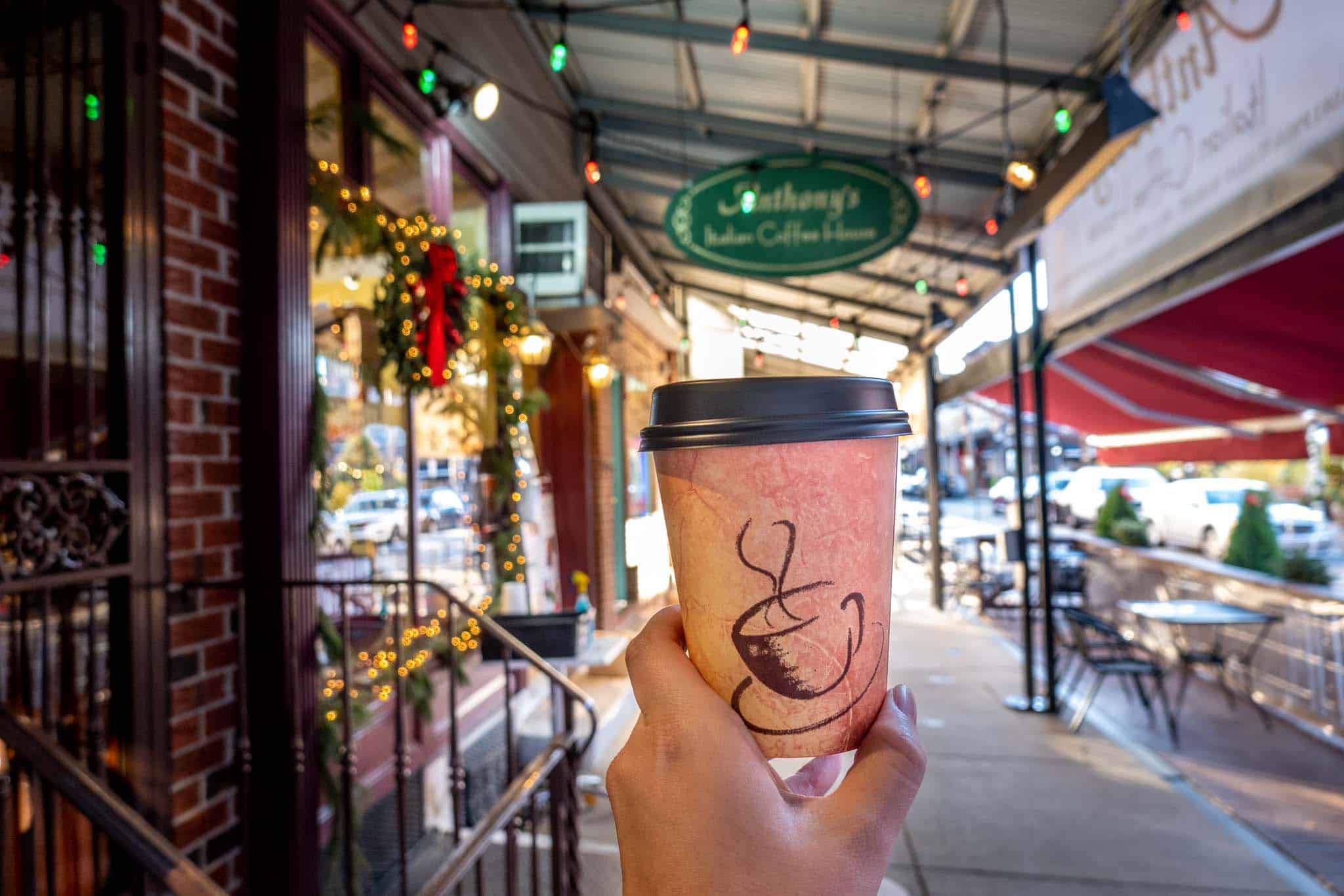 To-go cup outside Anthony's Italian Coffee House