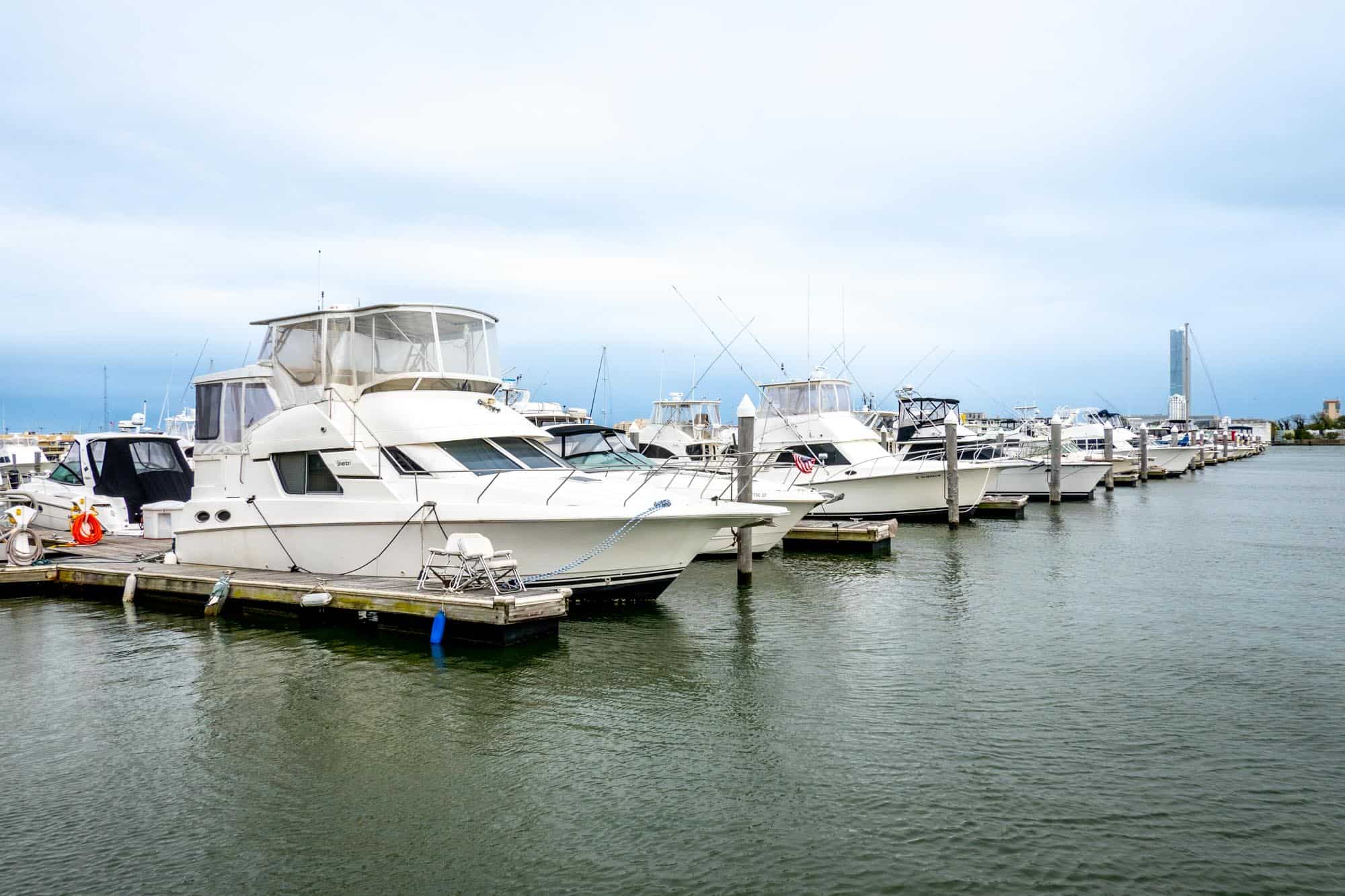 Line of boats in a marina.