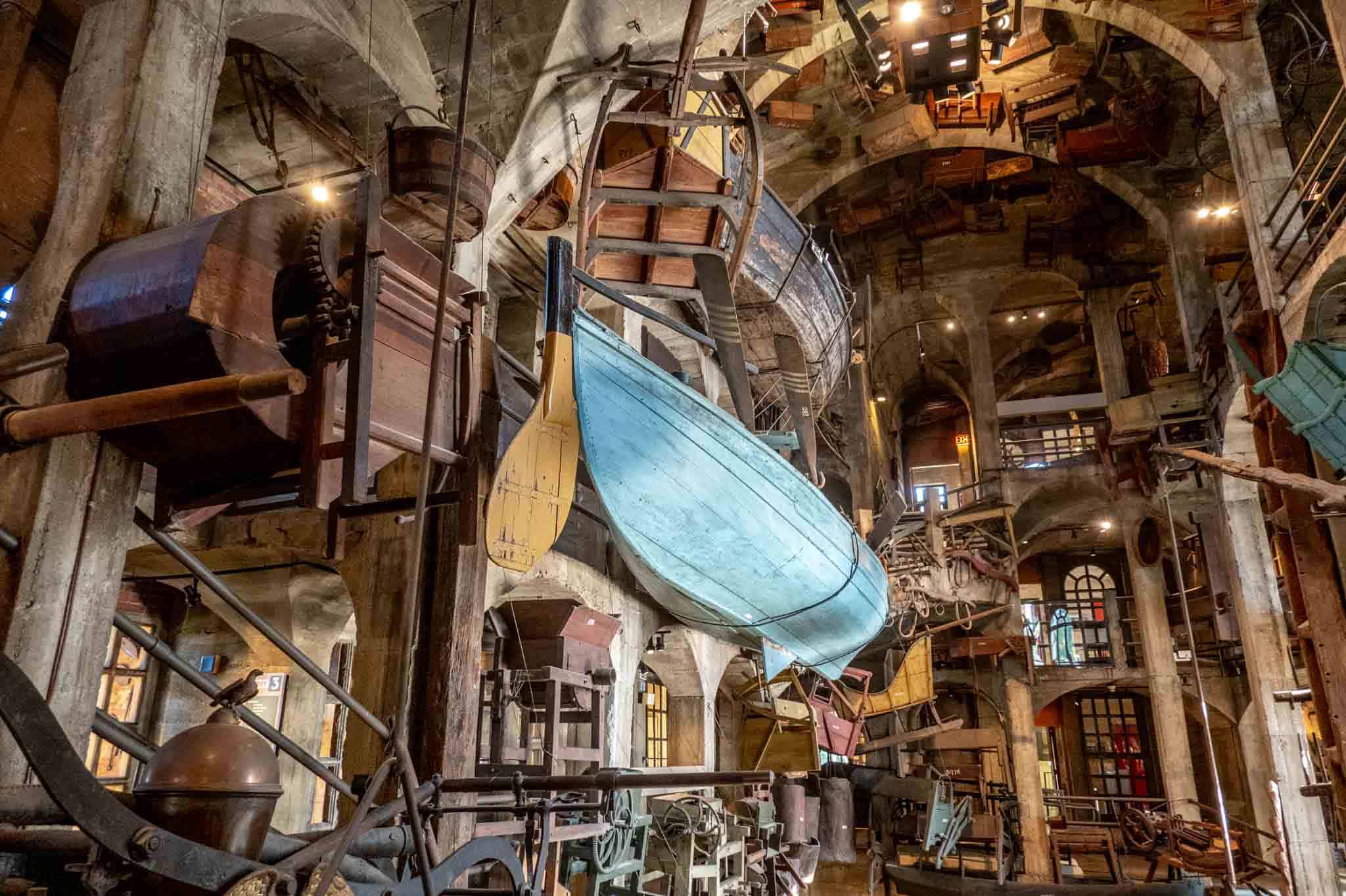 Boats hanging from the ceiling in Mercer Museum