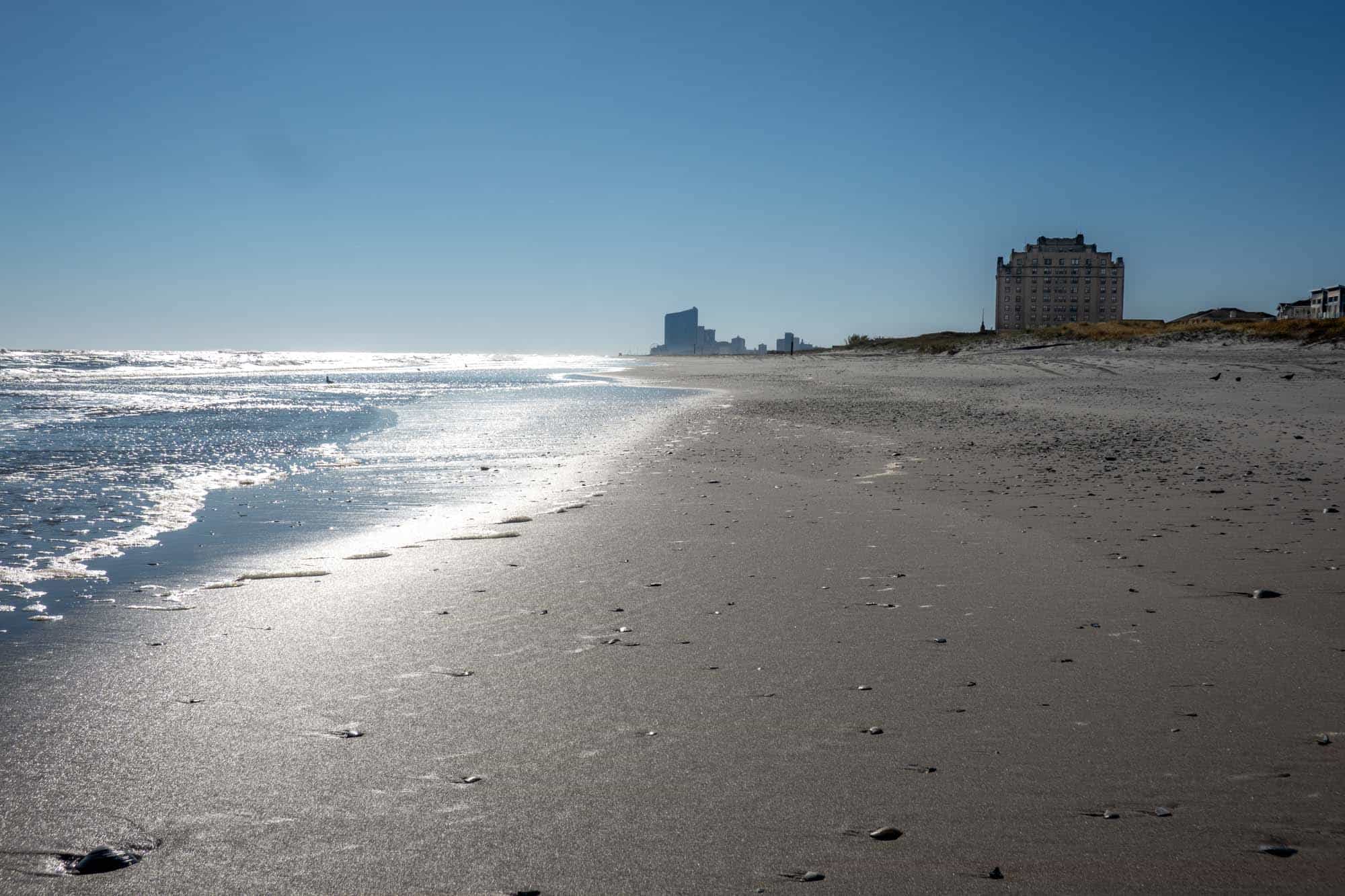 Beach on a sunny day with building in the distance.