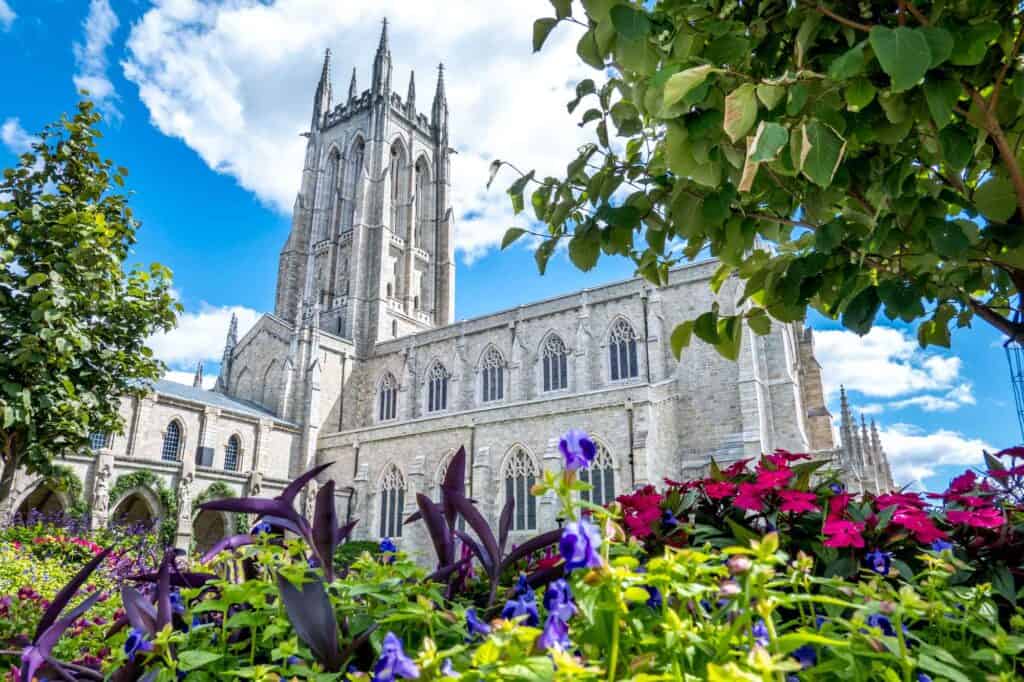 Flowers and trees outside a granite Gothic cathedral with a tower and stained-glass windows.