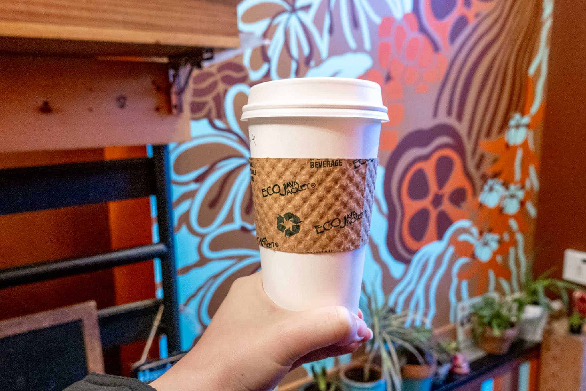 Hand holding a to-go cup in front of a brightly painted wall