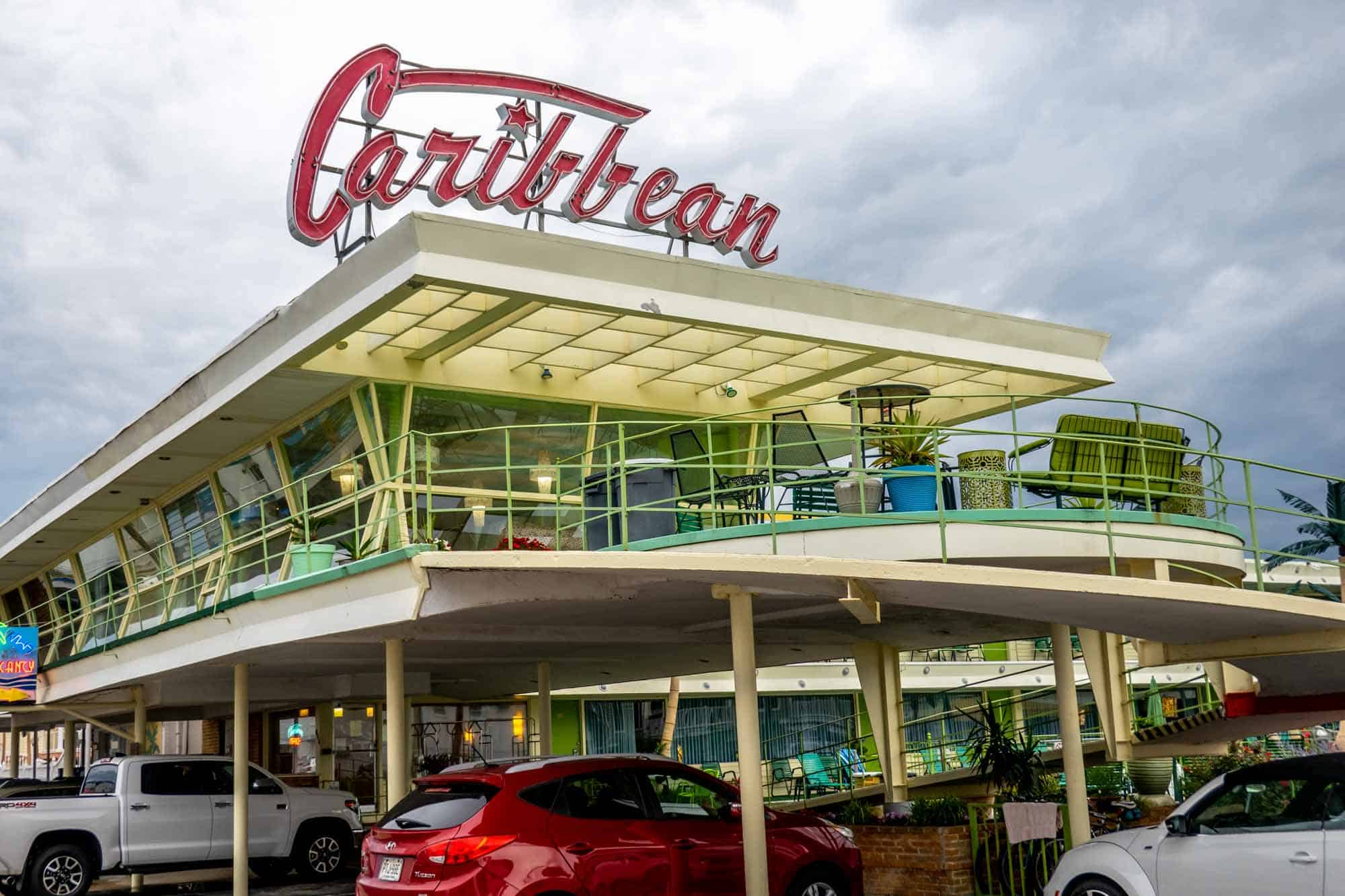 Exterior of the Caribbean Motel, an example of Doo Wop architecture