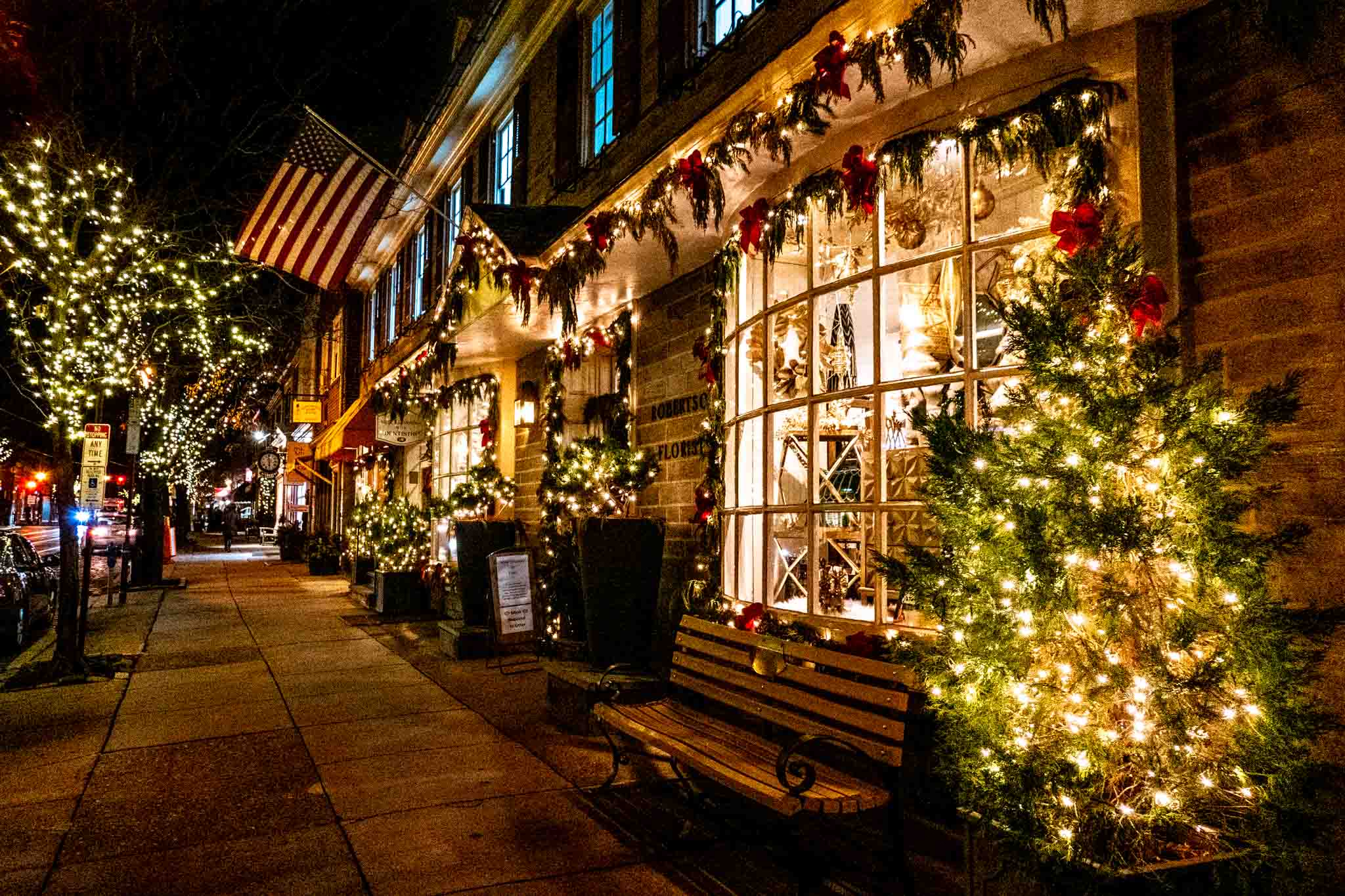 Storefront decorated with holly, ribbons, and lights