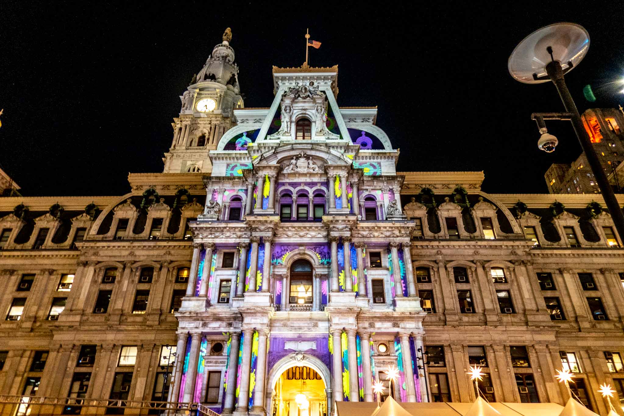 Light show projected onto the exterior of a building