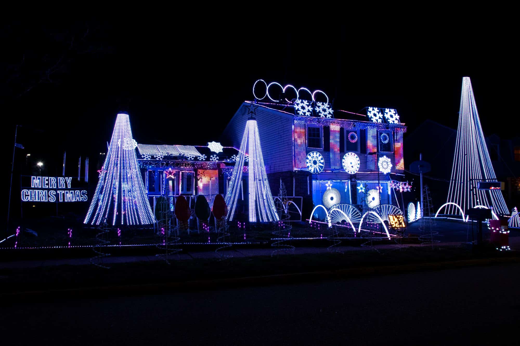 Elaborate residential Christmas light display.