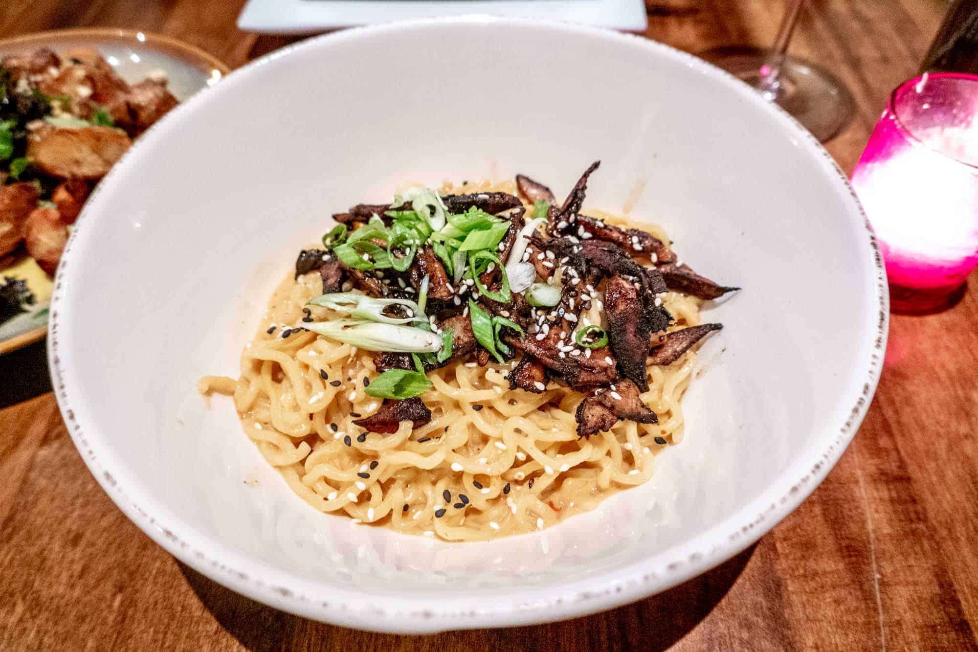 Noodles with mushrooms in bowl