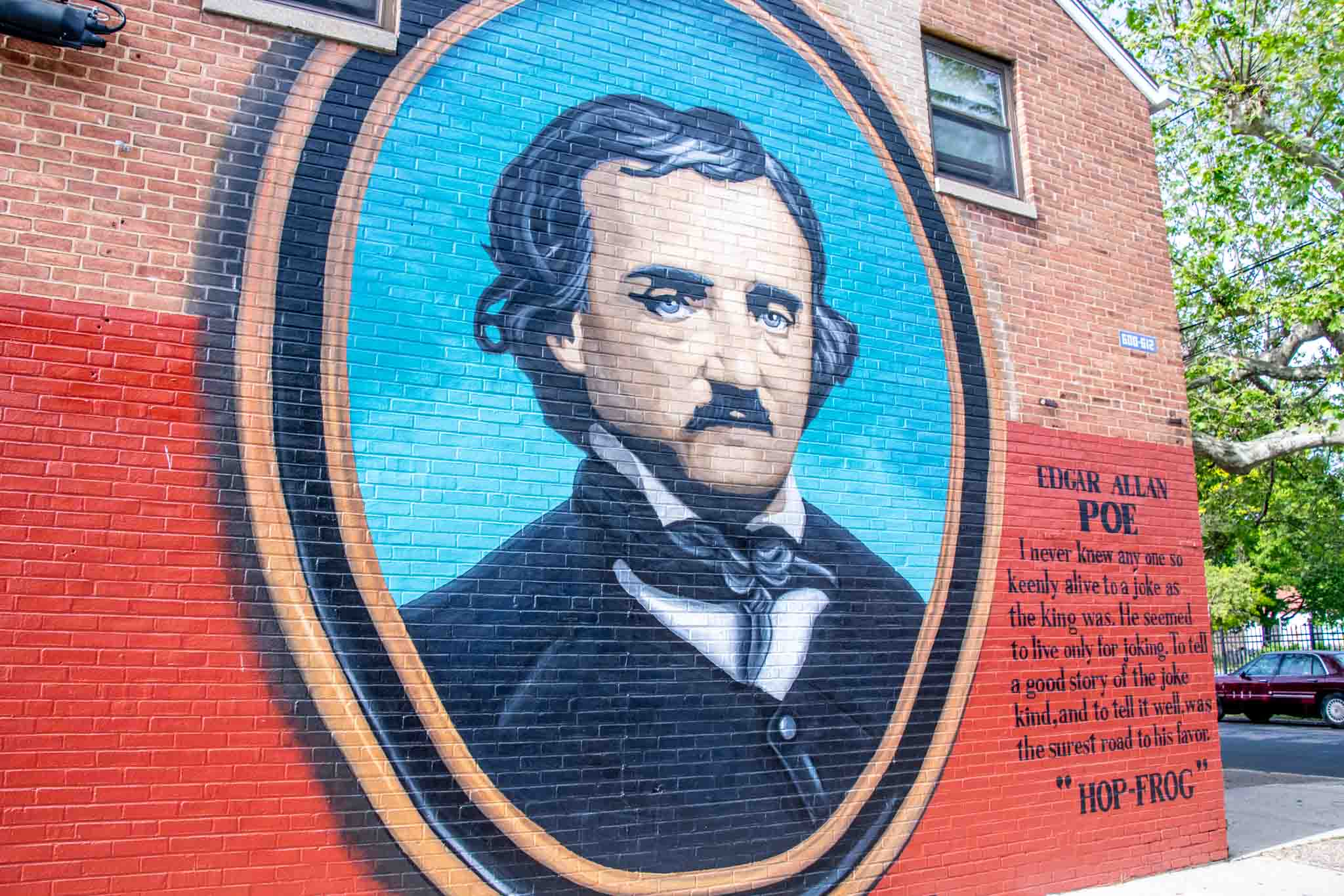 Mural of an old-fashioned portrait of Edgar Allan Poe in a black jacket