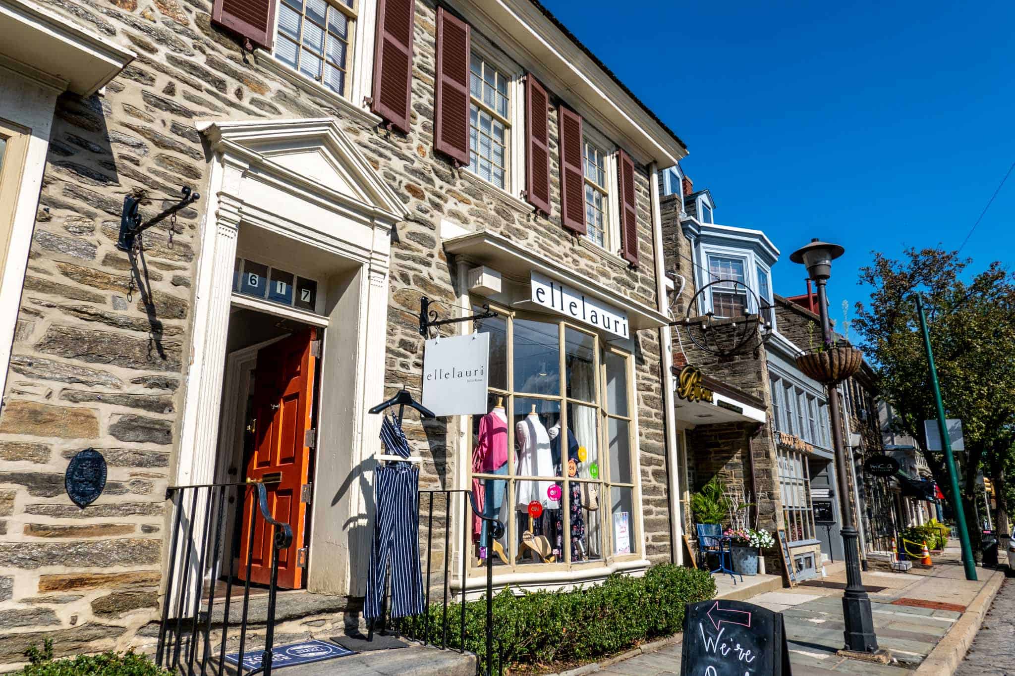 String of stores in historic stone buildings