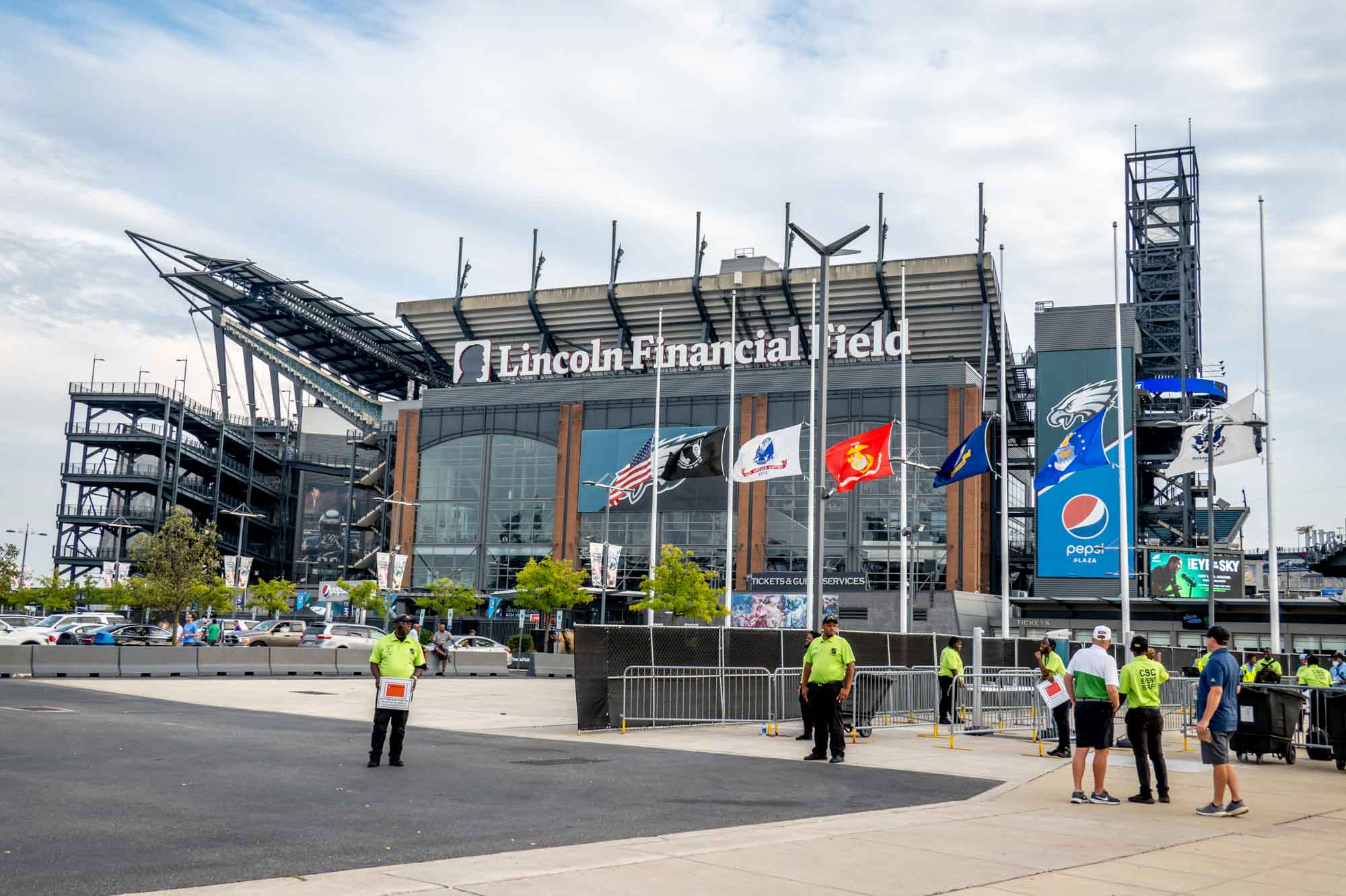 People standing outside a football stadium, Lincoln Financial Field, in Philadelphia.