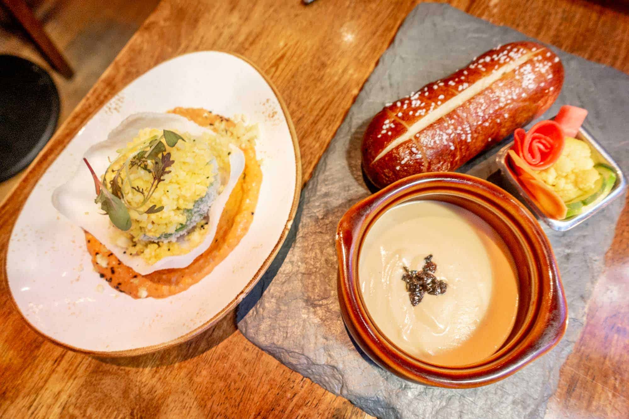 Bread and dip on a table.