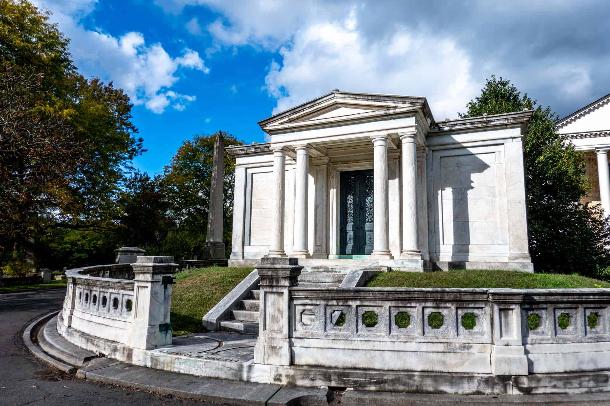 White building with columns, a grave monument for Francis M. Drexel