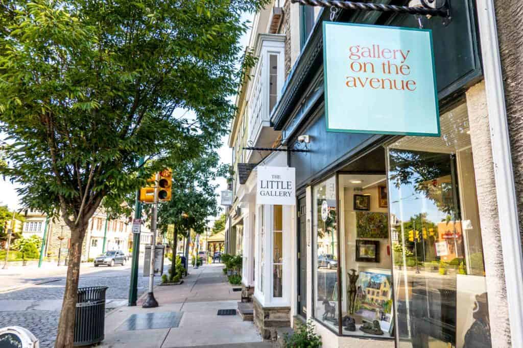 Storefronts and galleries along a cobblestoned street in Chestnut Hill