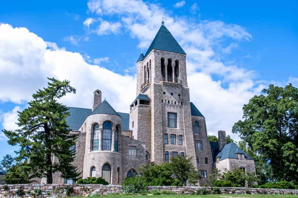 Glencairn Museum, a granite mansion with a gray roof and 9-story tower
