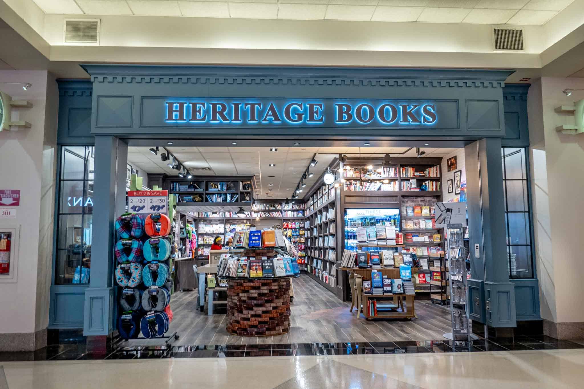 Exterior of Heritage Books store filled with book and magazine displays