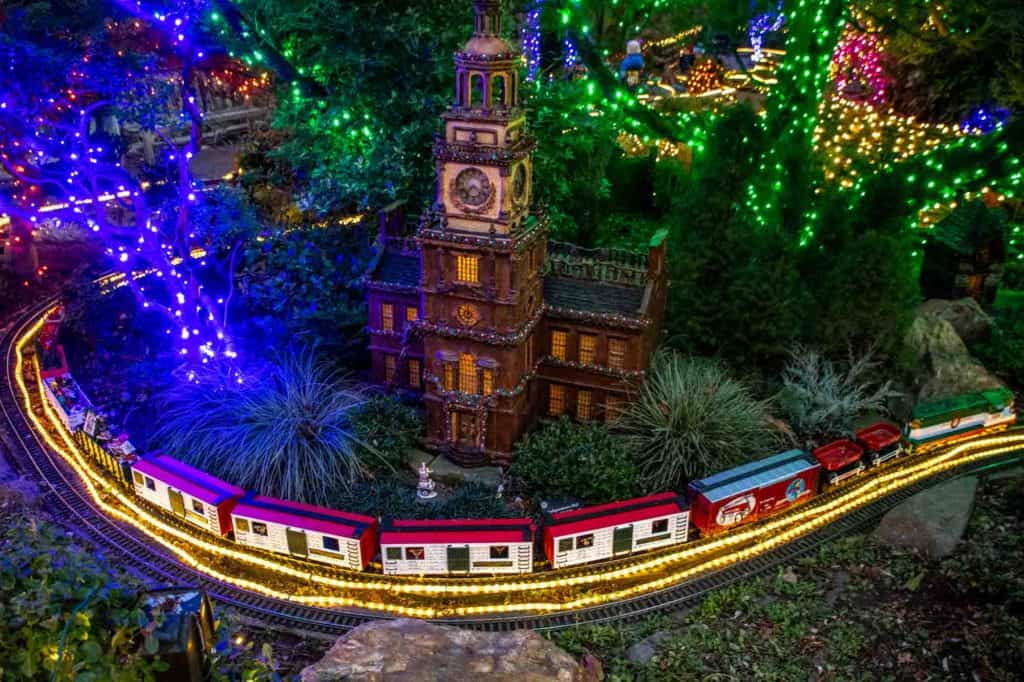 Christmas garden railway train at Morris Arboretum