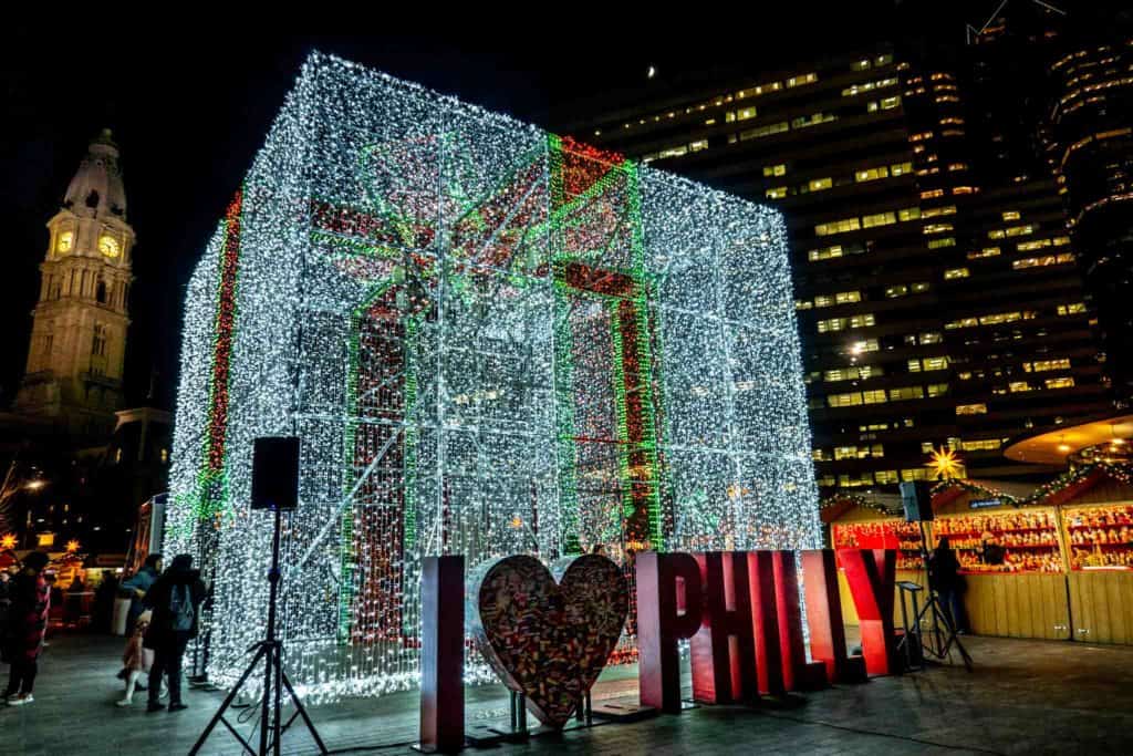 Present light sculpture with I Heart Philly sign