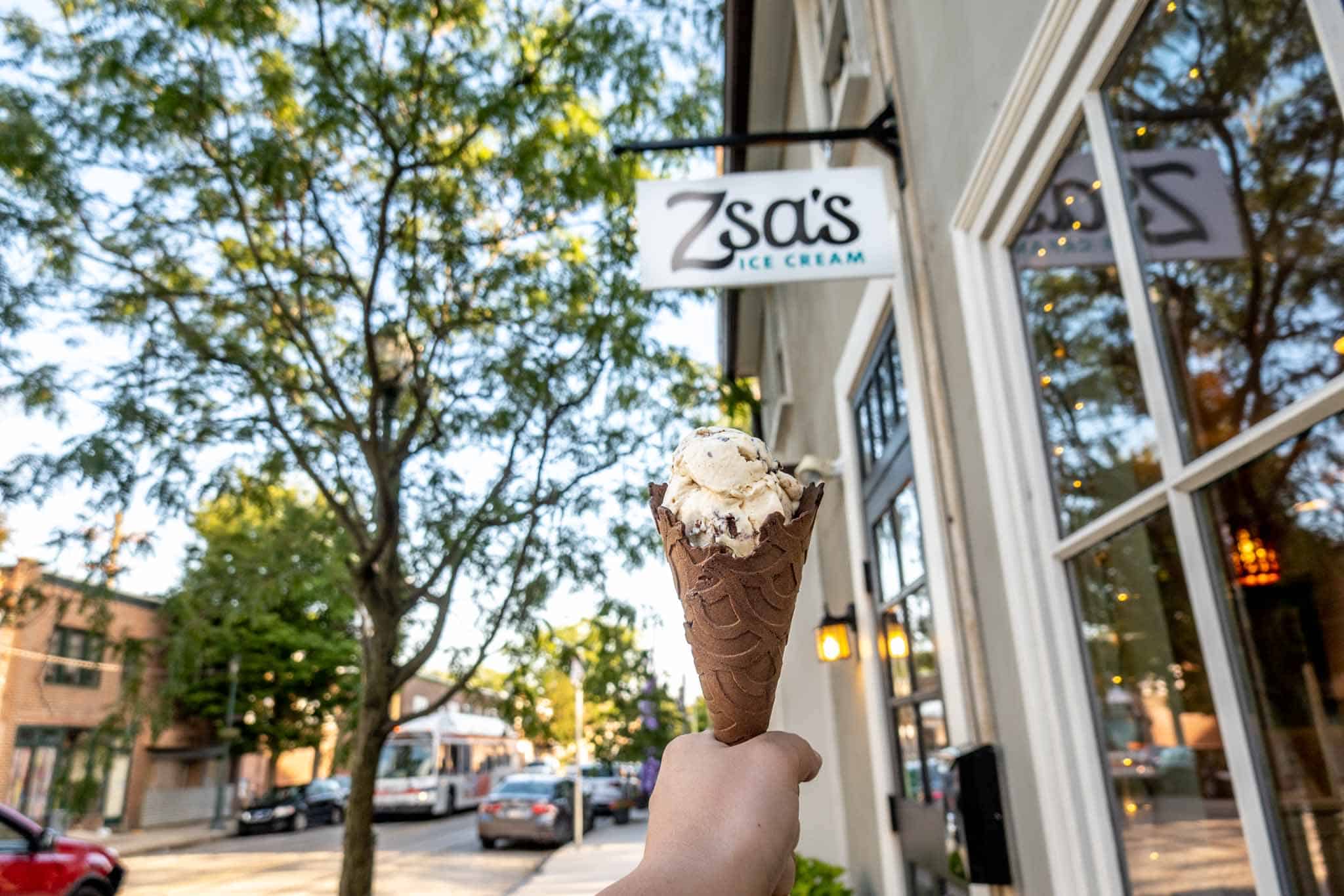 Cone in front of sign for Zsa's Ice Cream