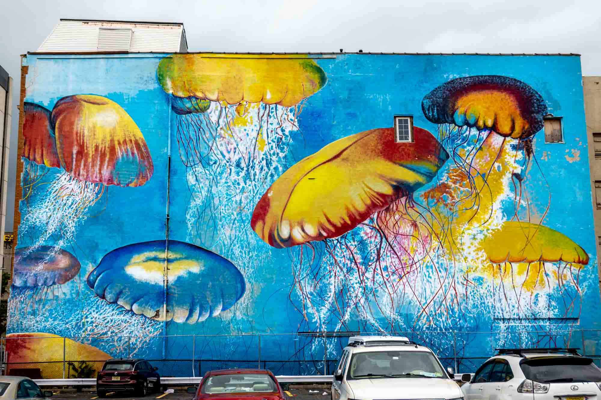 Mural of jellyfish in parking lot