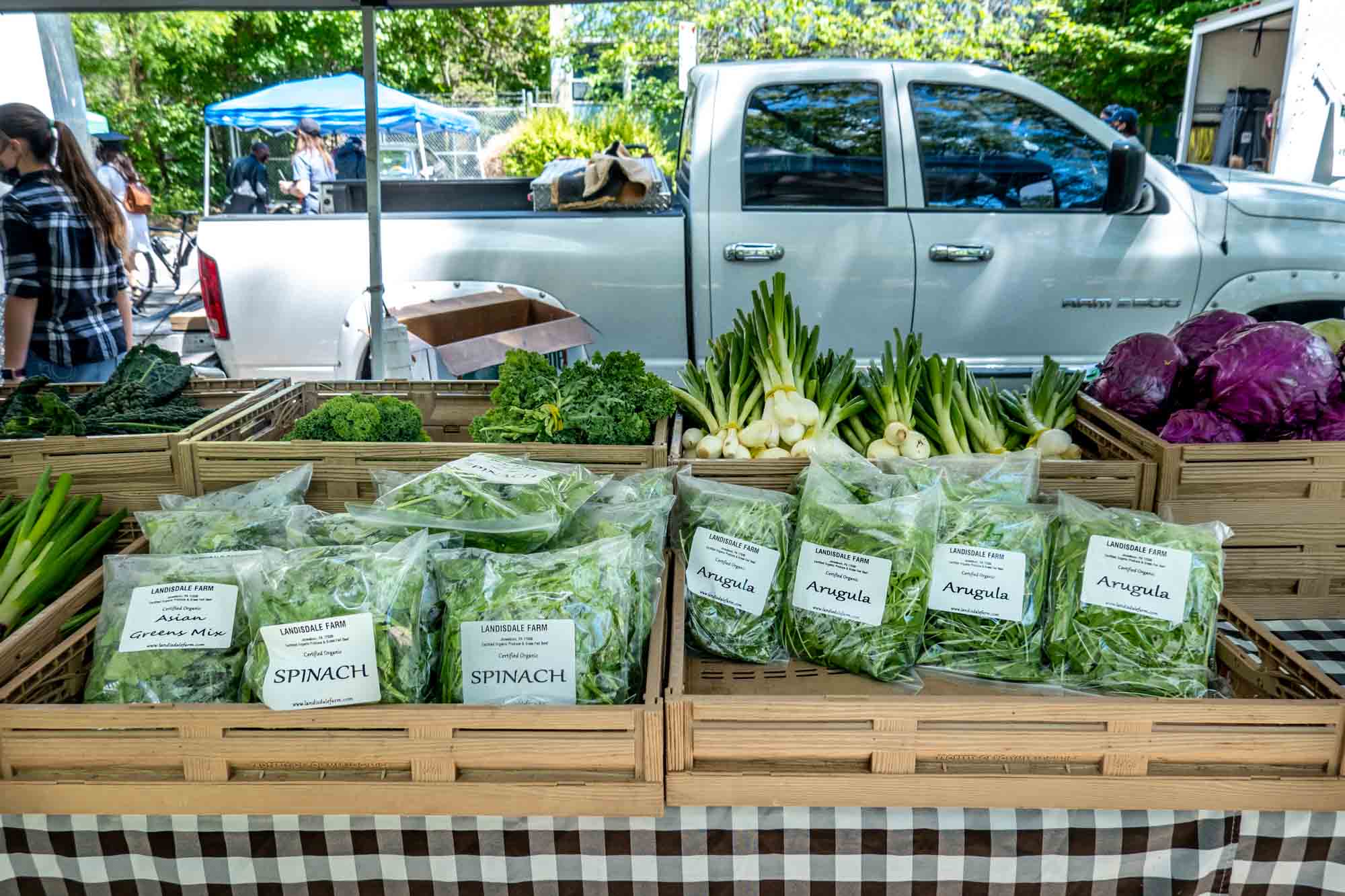 Bags of Arugula and Spinach from Landisdale Farms in wood crates, along with cabbage and leeks at the Clark Park farmers market in Philadelphia