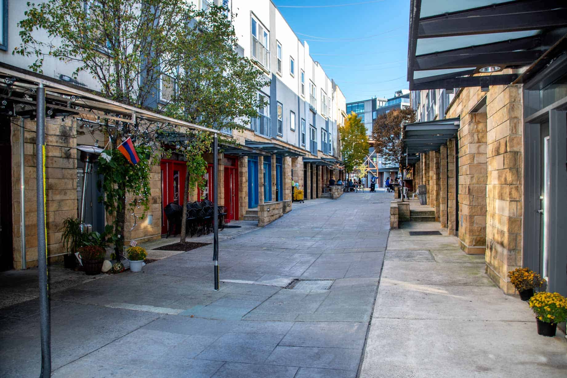 Pedestrian walk lined with boutiques and restaurants