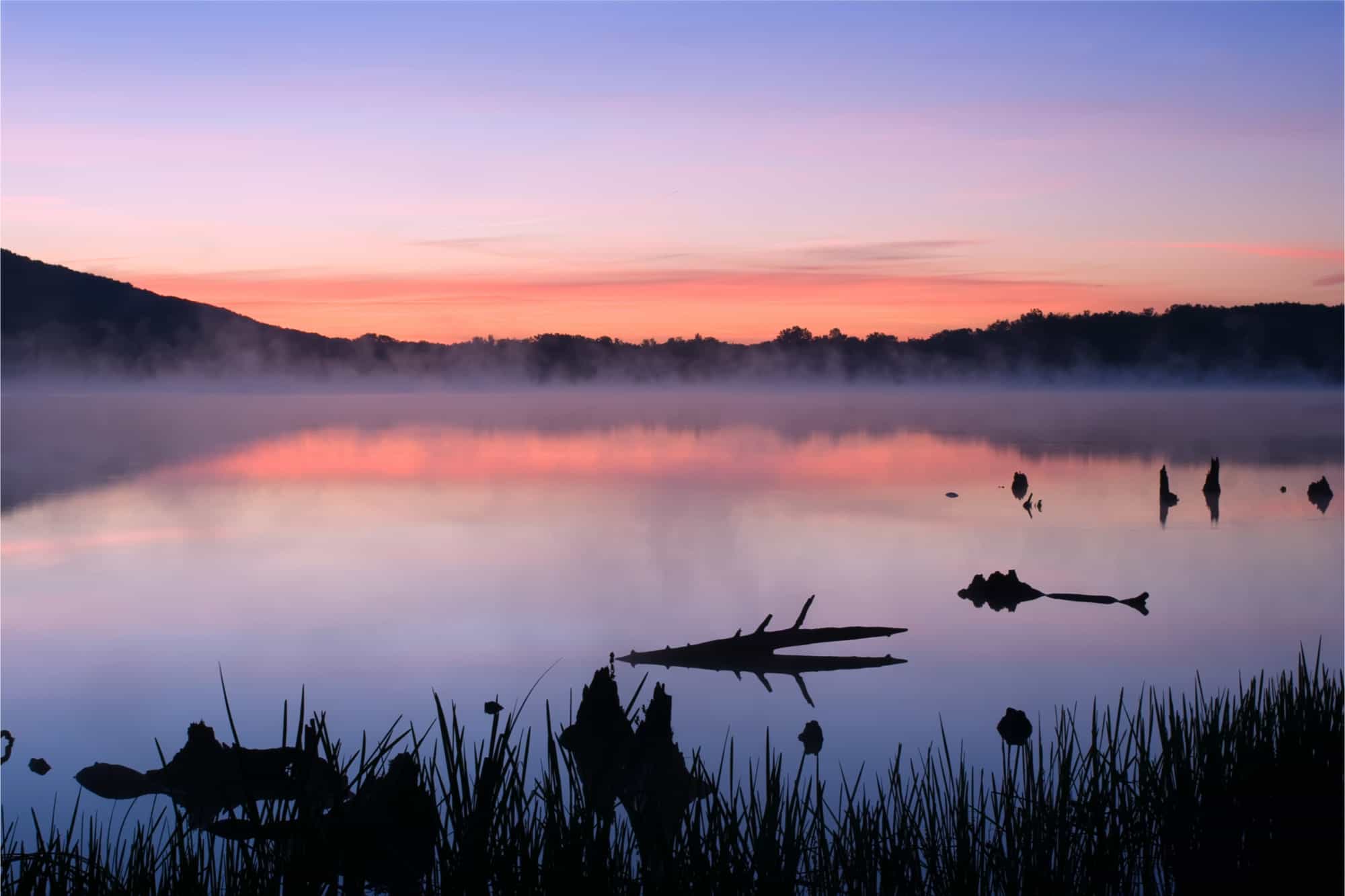 Mist rising off lake with purple sunset