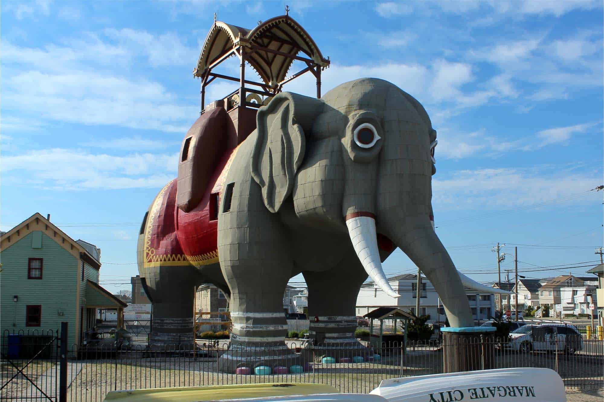 65-foot-tall gray structure shaped like an elephant.