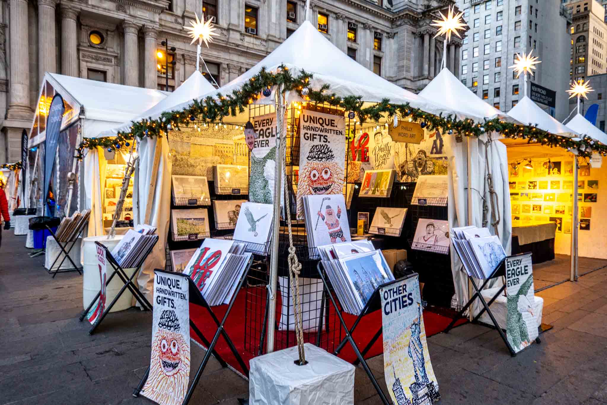 Drawings on display at a Christmas market