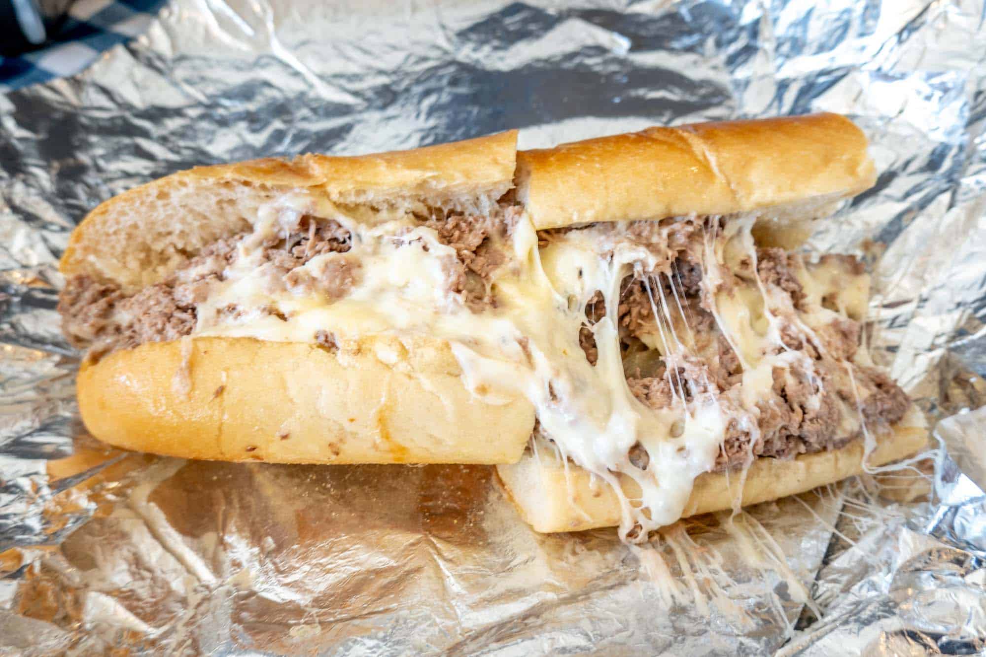 Gooey, extra cheese on a cheesesteak at Mama's