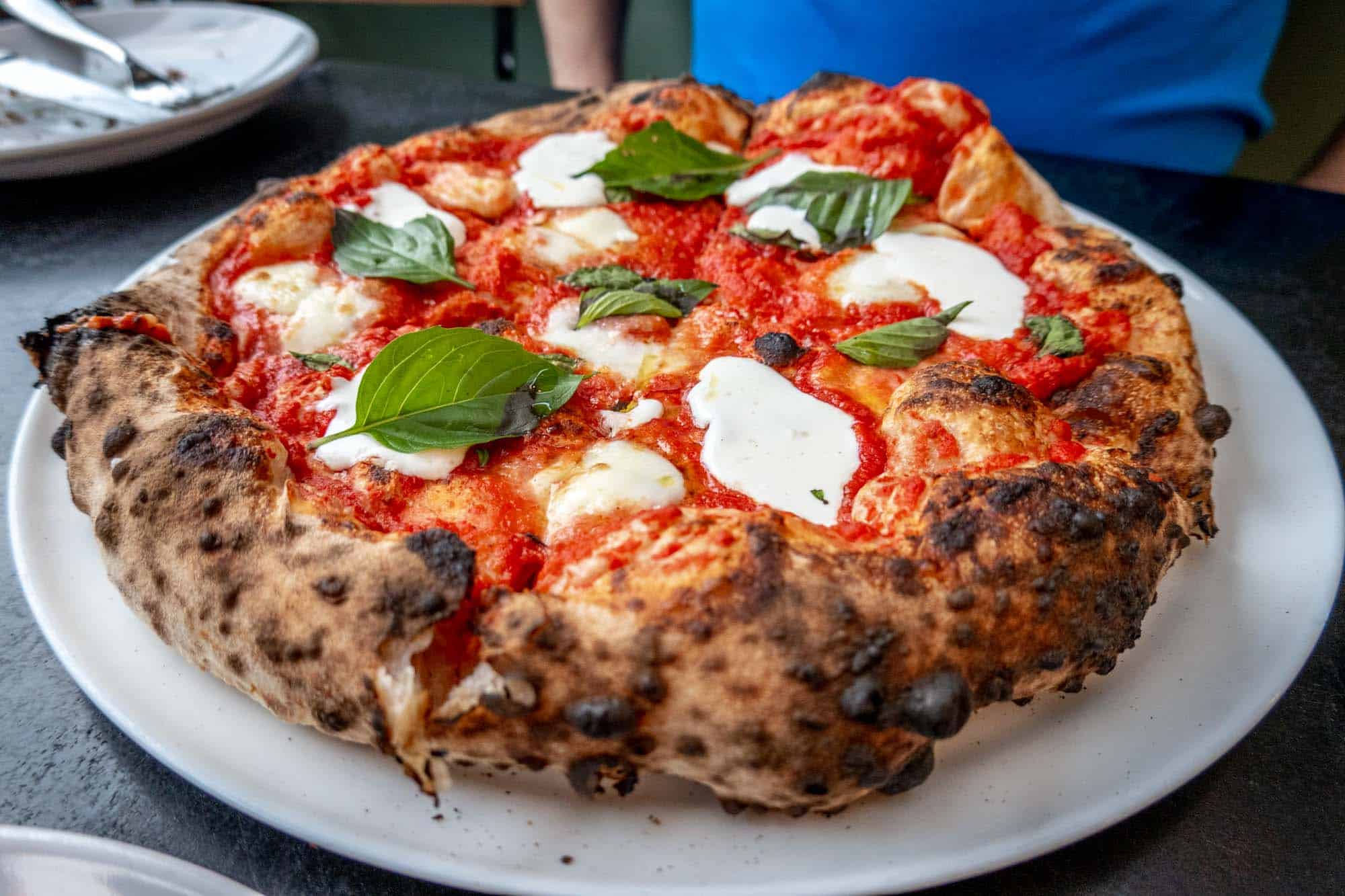 Margherita pizza with a charred crust topped with basil. 