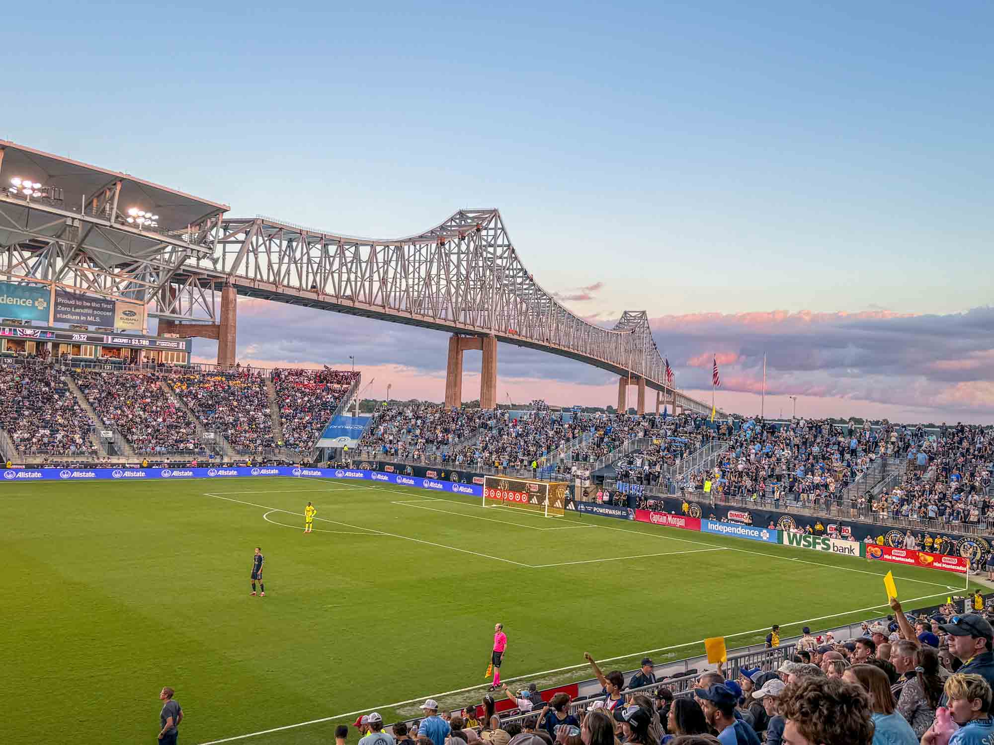 Soccer match with fans in the stands at Subaru Park.