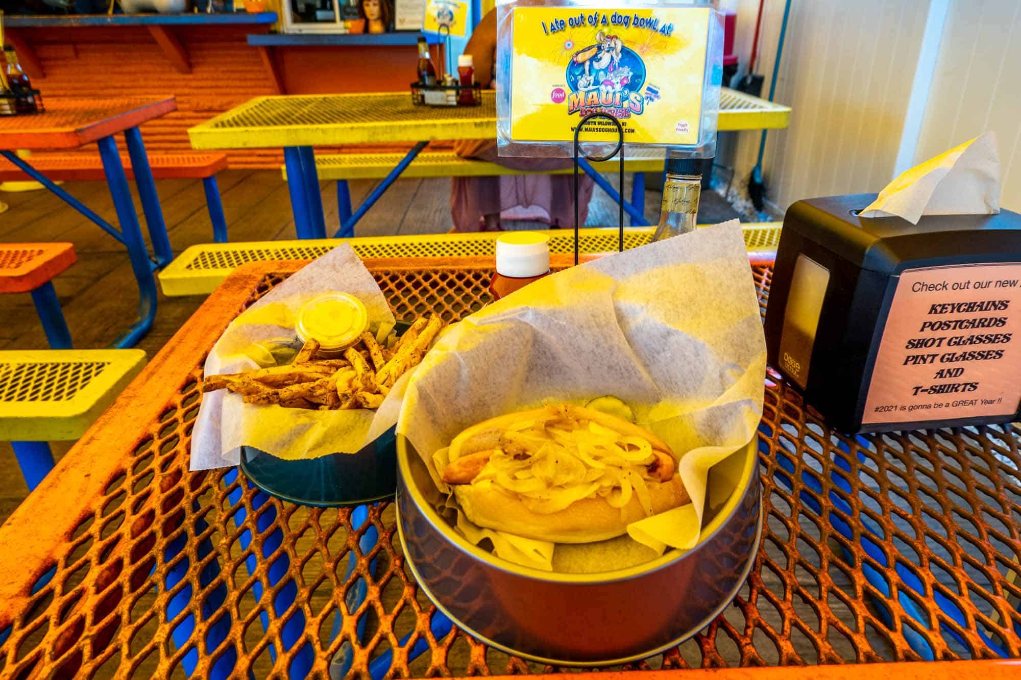 Hot dog and french fries served in dog bowl