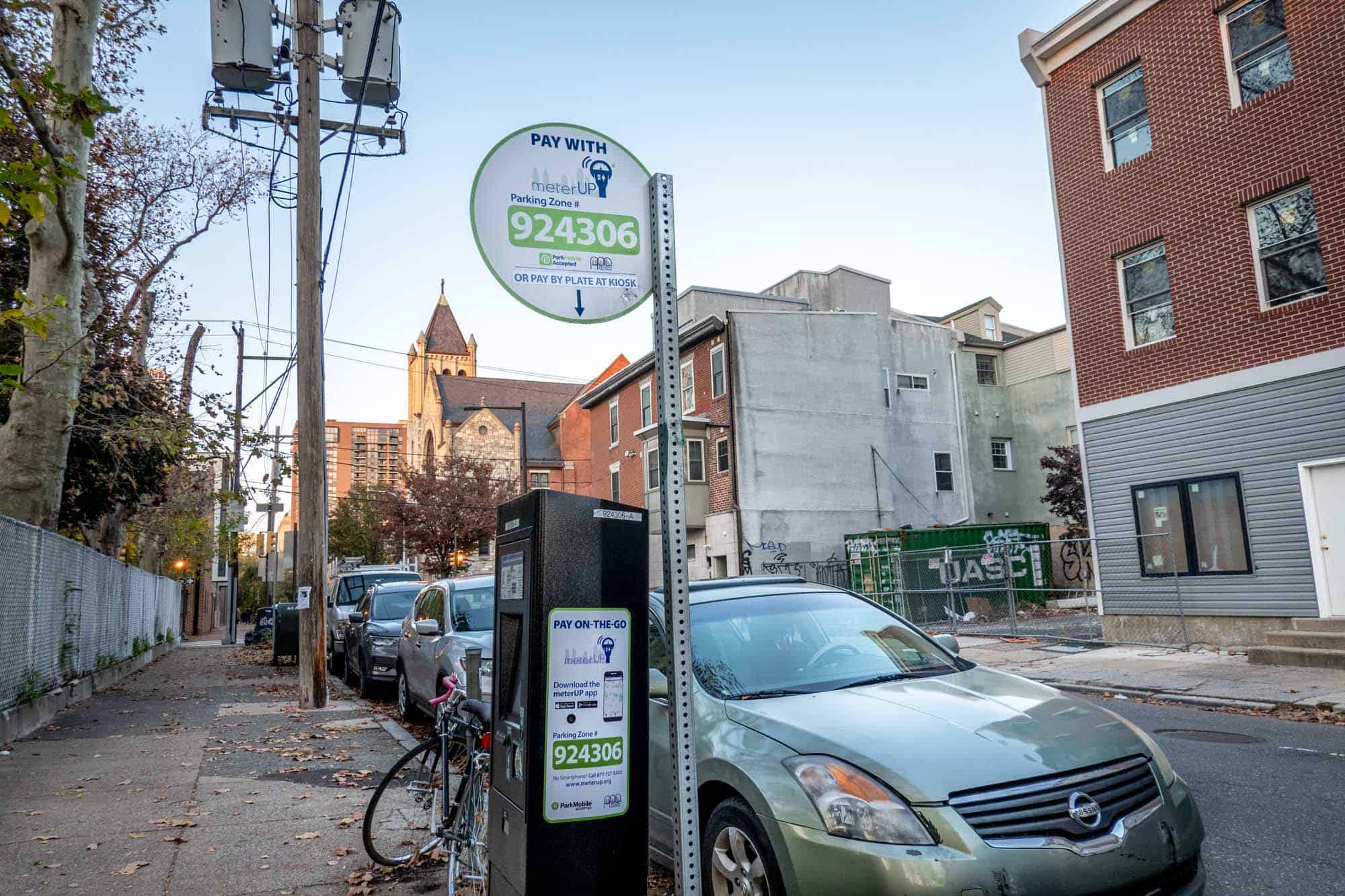 Signs for parking apps like MeterUp in Philadelphia