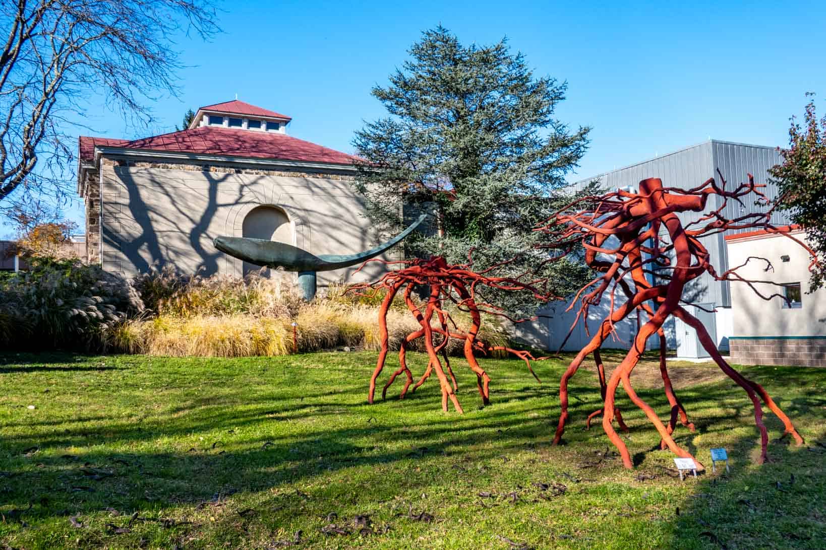 Red, branch-like sculptures in a sculpture garden outside an art museum.