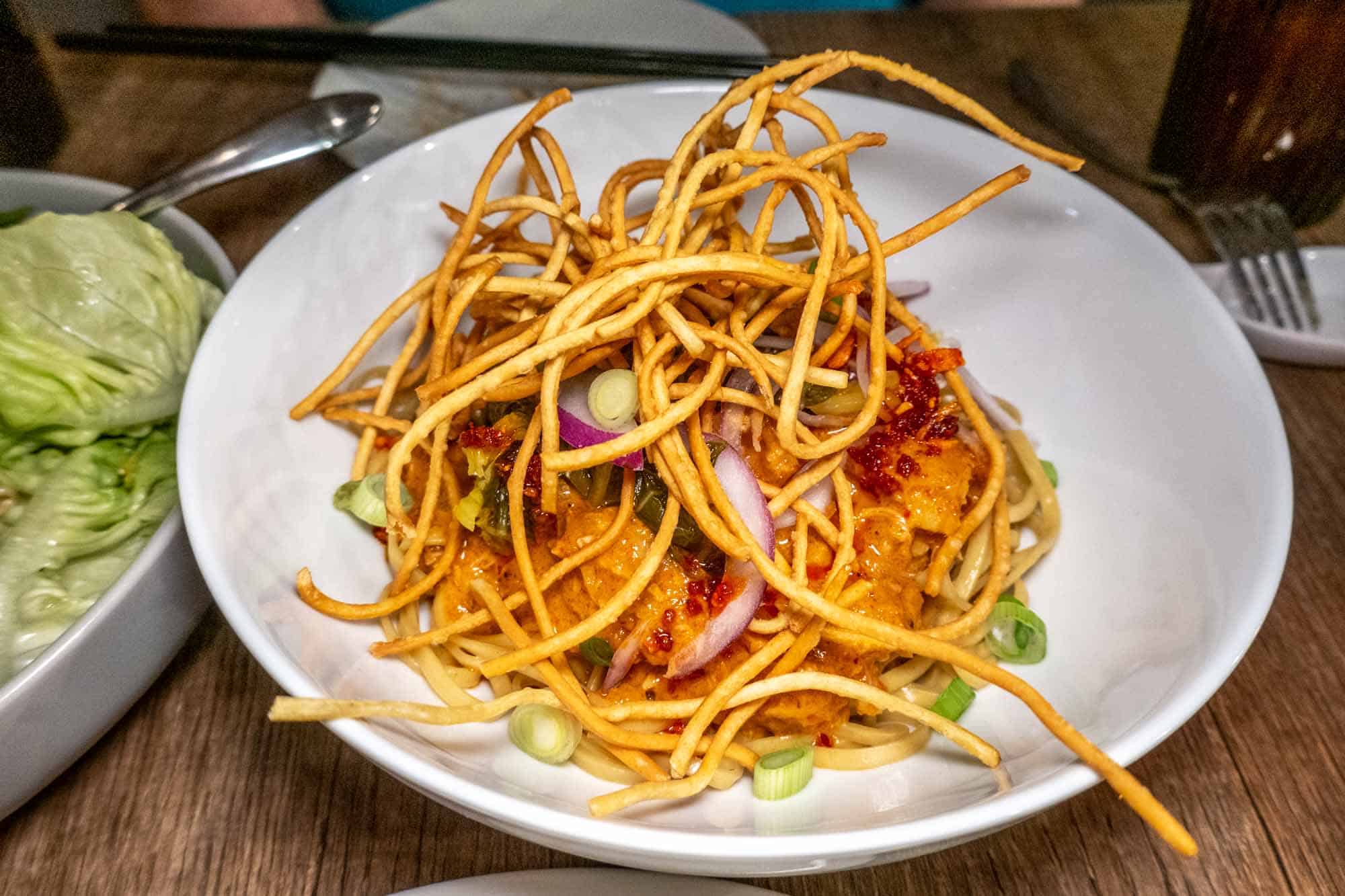 Bowl of spicy Cambodian noodles