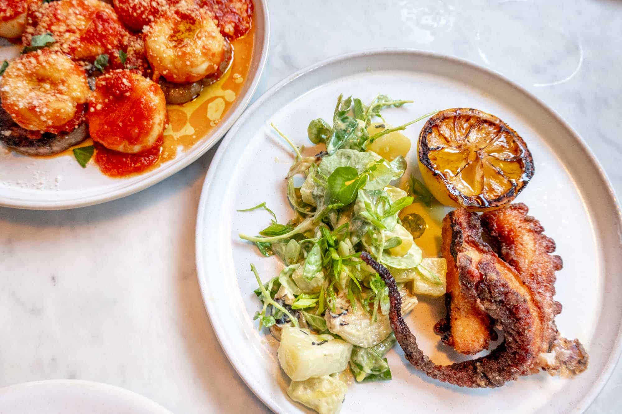 Grilled octopus on a plate with half a grilled lemon and salad beside a plate of pasta with red sauce.