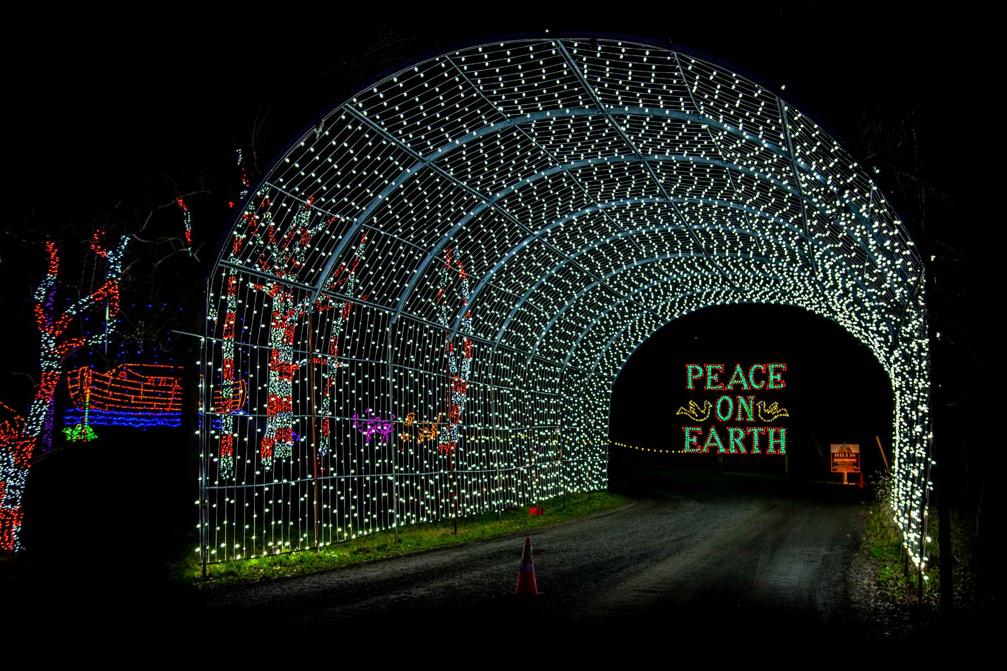 Drive thru tunnel of white lights with a "Peace on Earth" sign at the end.