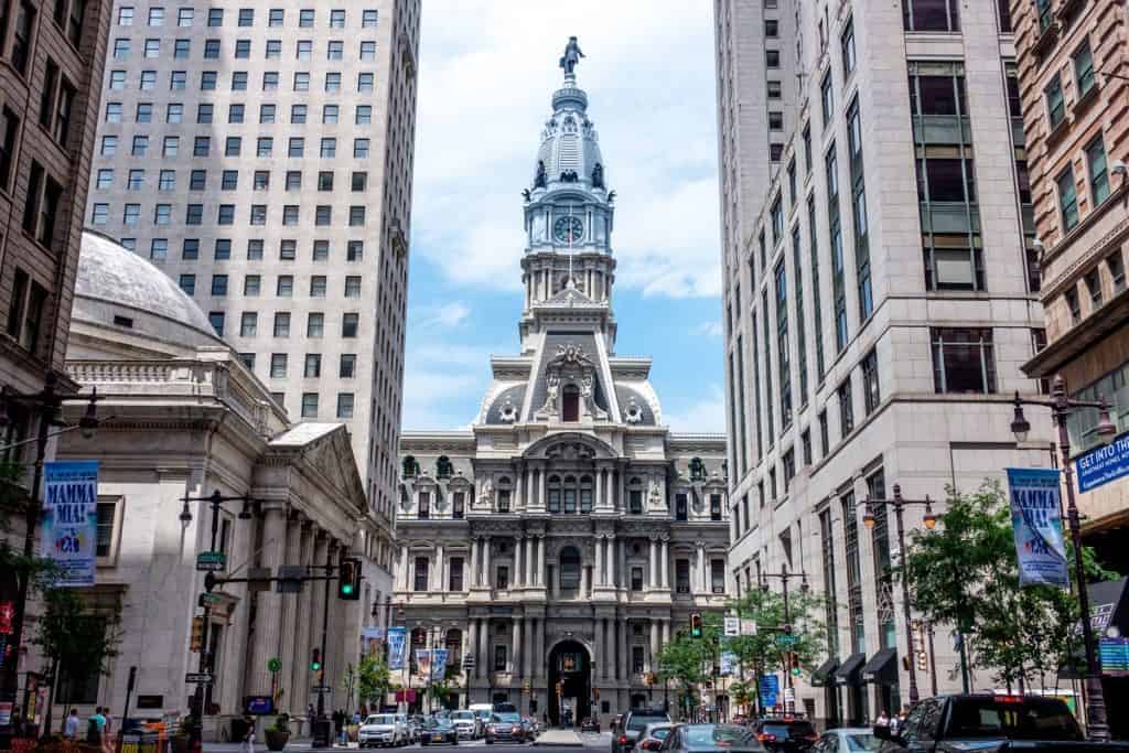 Front of Philadelphia City Hall, as seen looking north on Broad Street with buildings on both sides