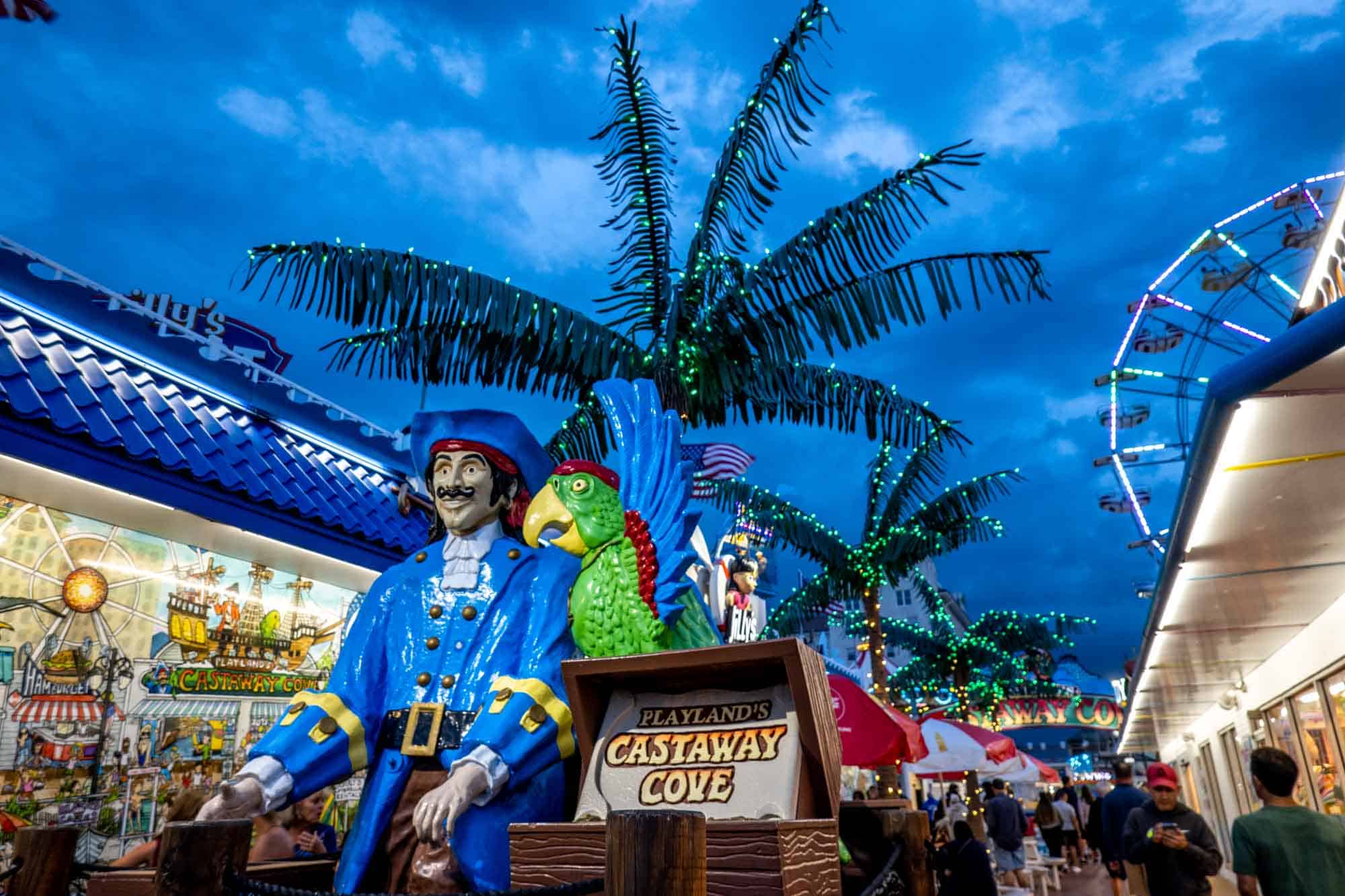 Pirate and parrot at Playland's Castaway Cove entrance.