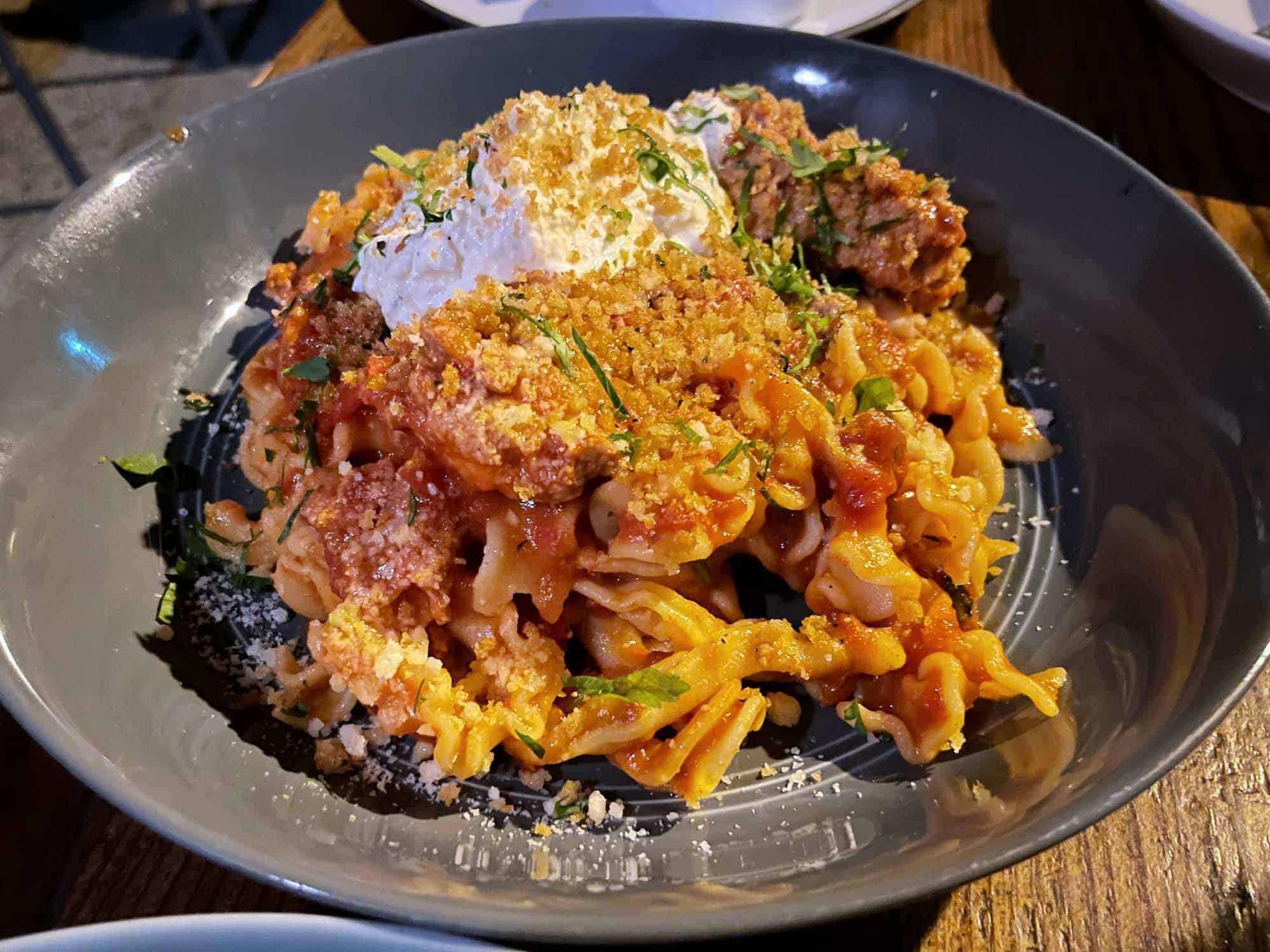 Pork ragu pasta in bowl