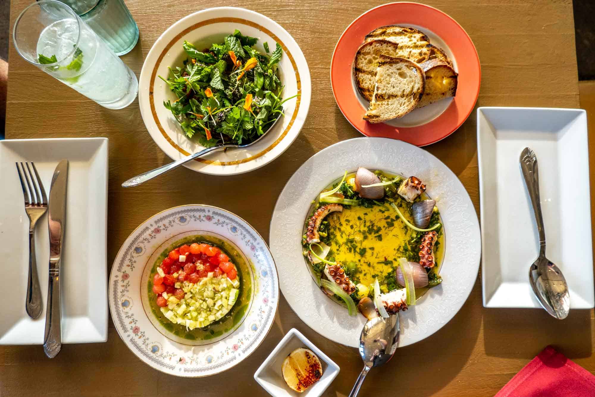 Plates on a table with salad, bread, grilled octopus, and other dishes.