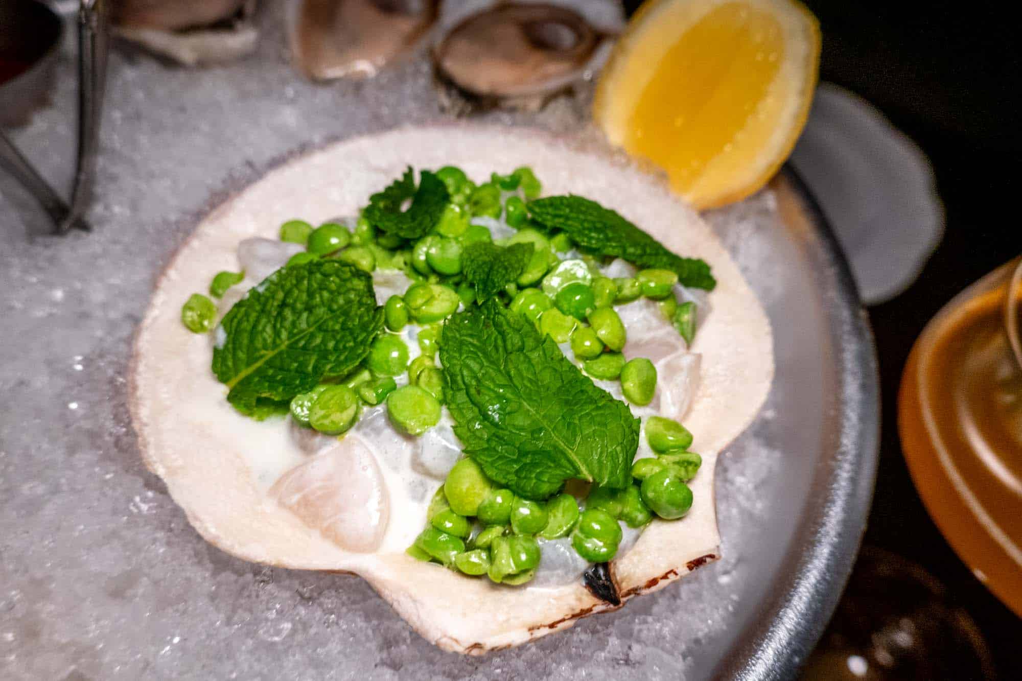 Scallops, peas, and mint served on a scallop shell on ice.