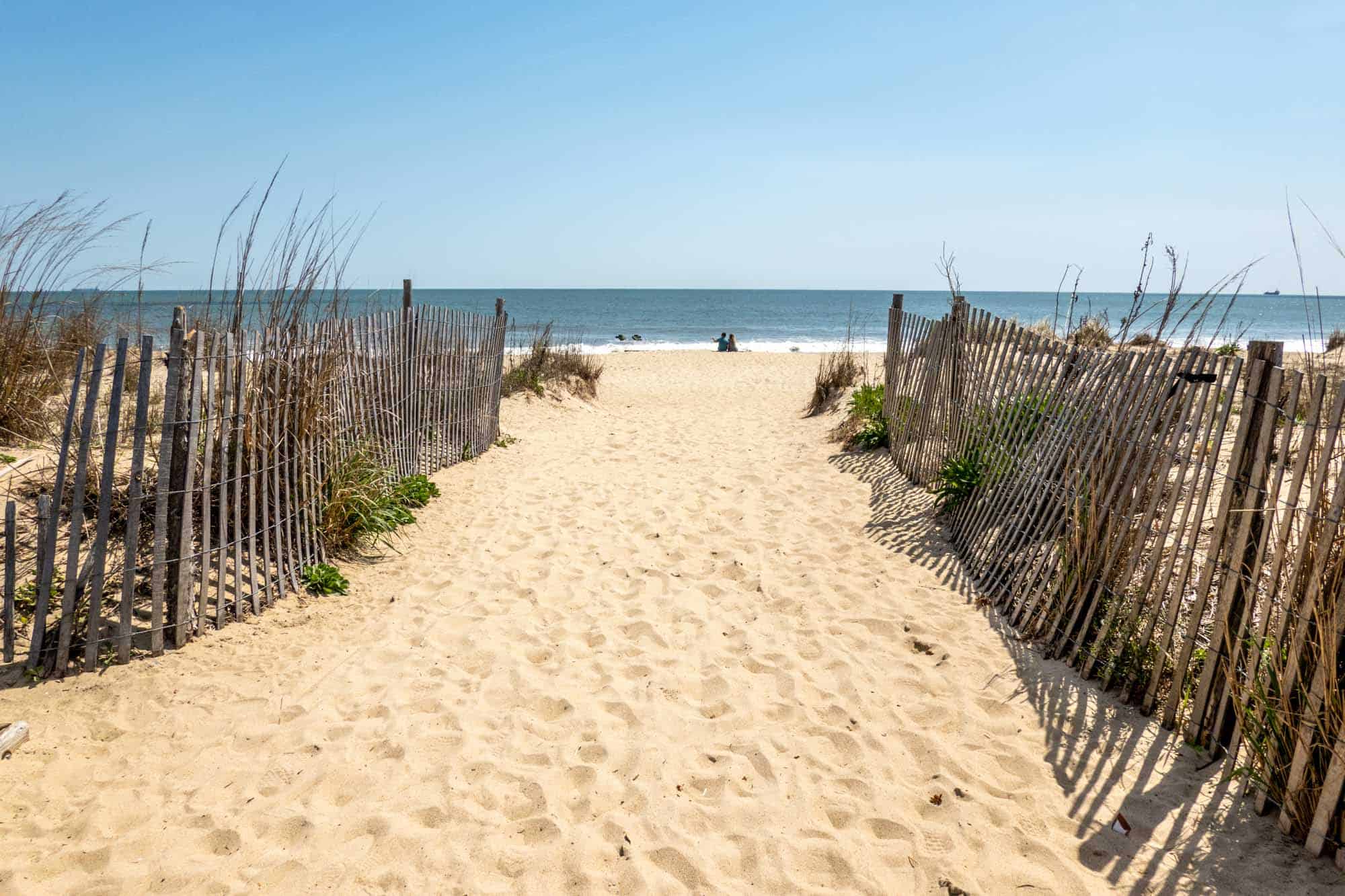 Wooden fences along a sandy path to the beach and ocean.