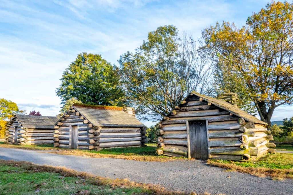 Three replica Revolutionary War cabins at Valley Forge National Historical Park