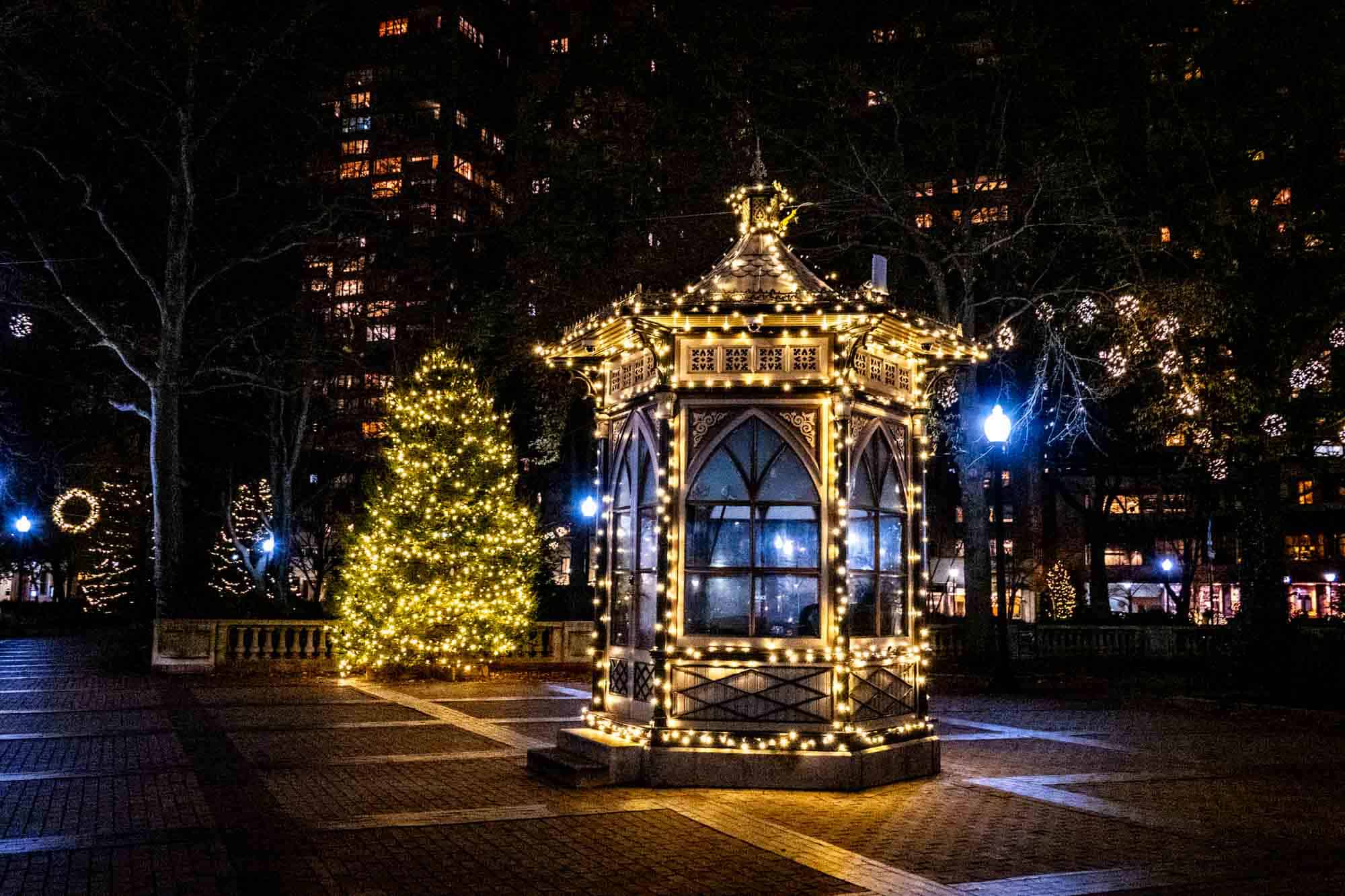 Gazebo and tree lit up with white Christmas lights in Rittenhouse Square Park at night.