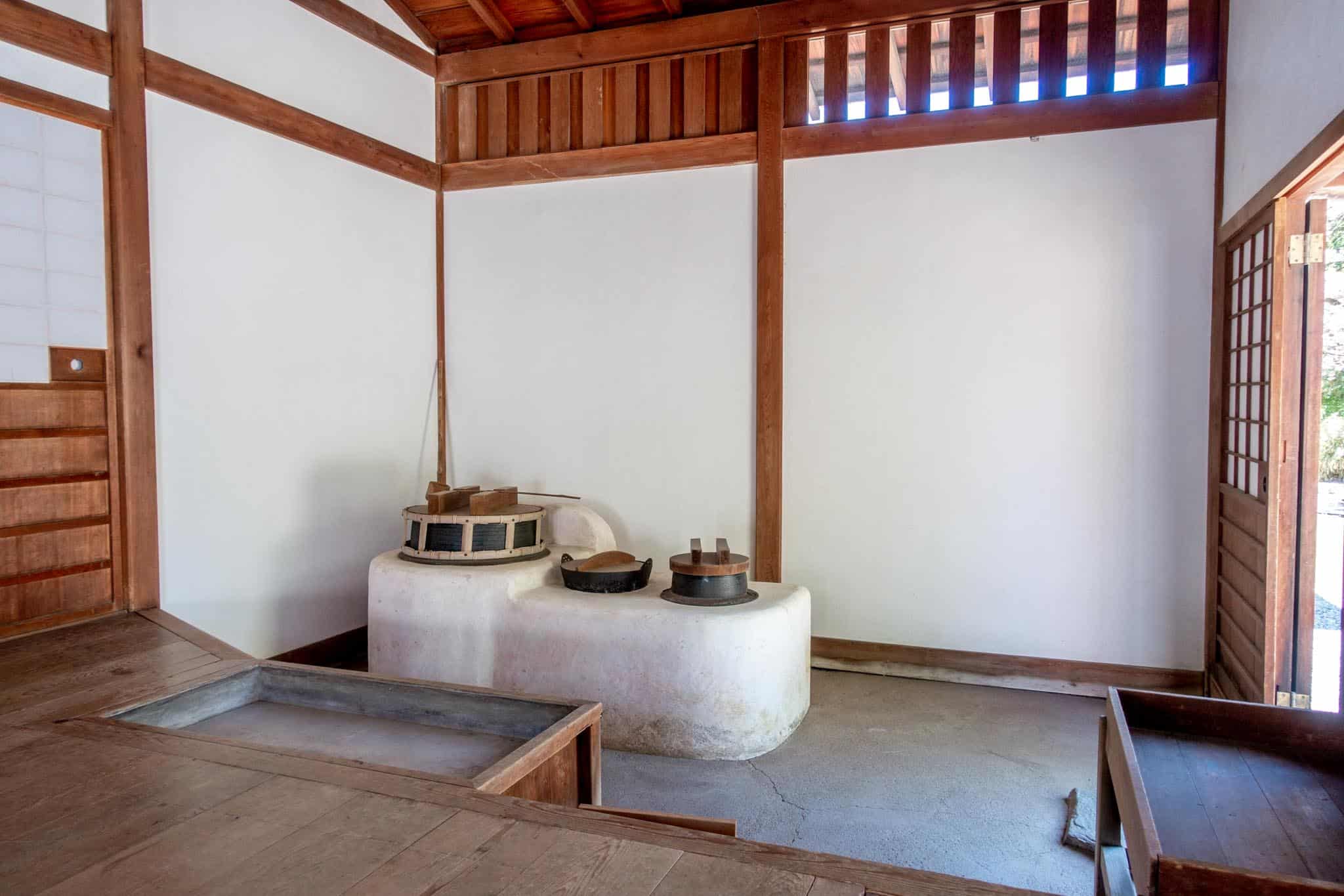 Pots on a stove in a Japanese kitchen