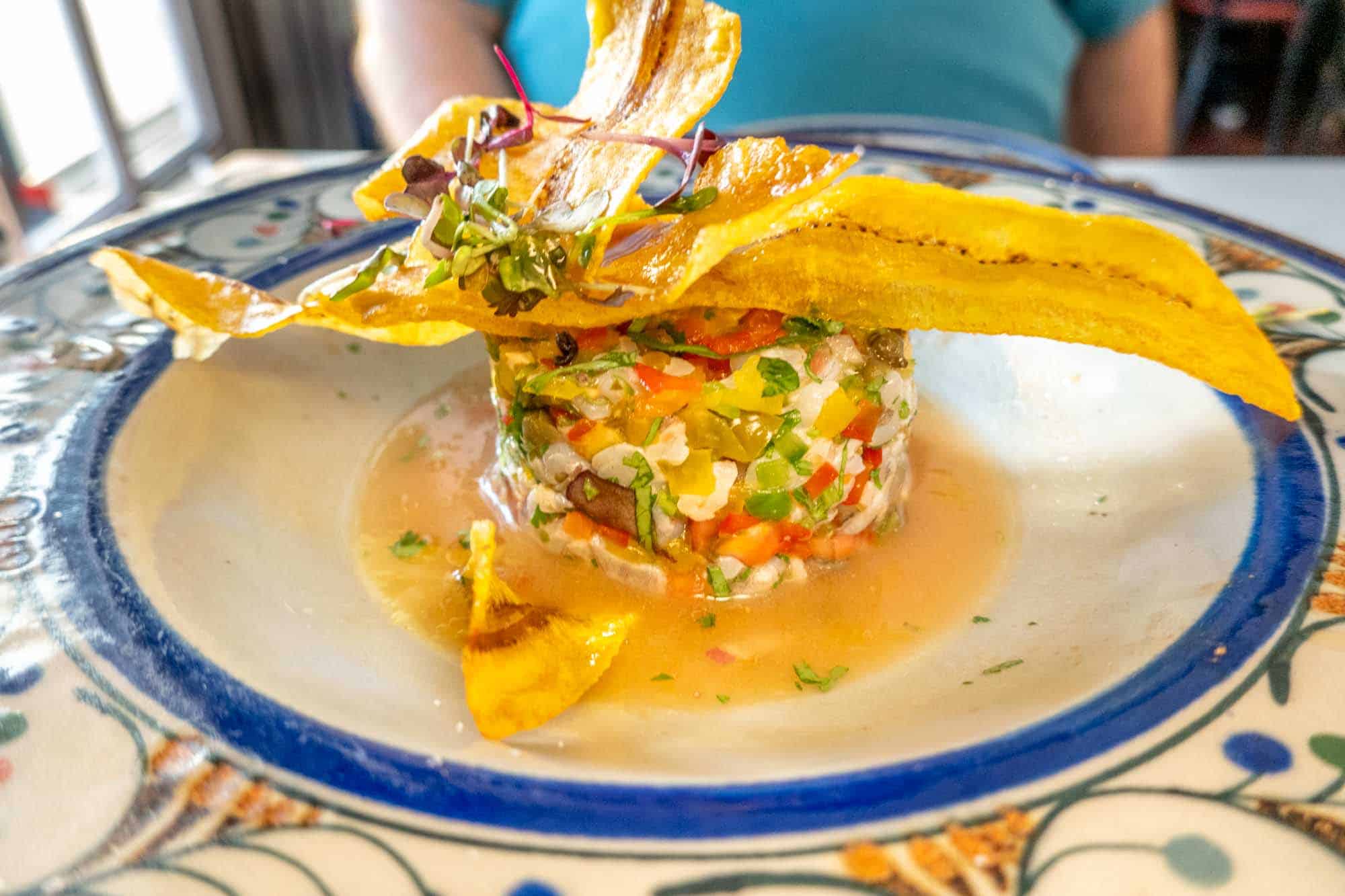 Ceviche topped with plantain chips.